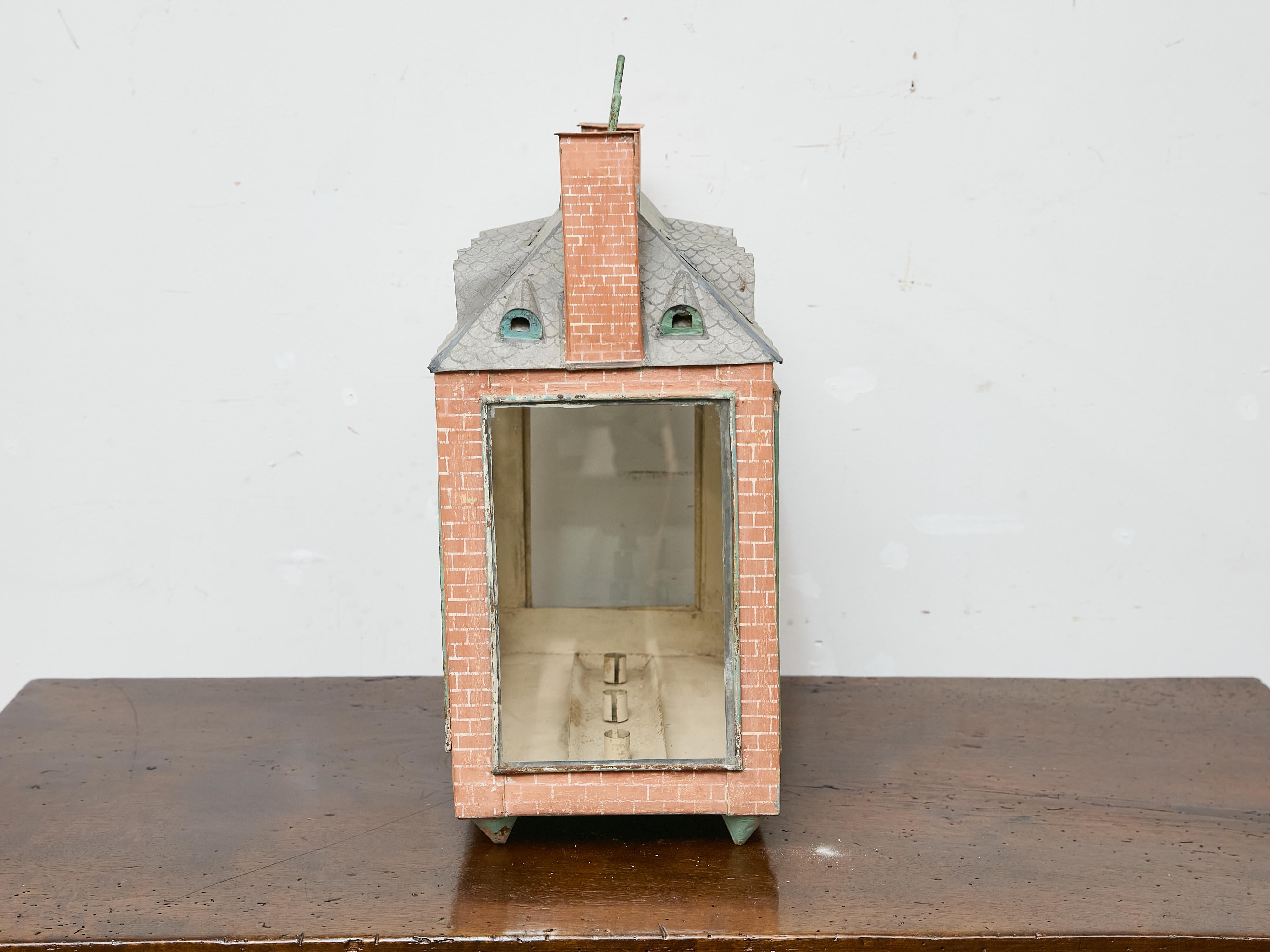 Whimsical 19th Century English Tôle House Lantern with Painted Brick Motif For Sale 1