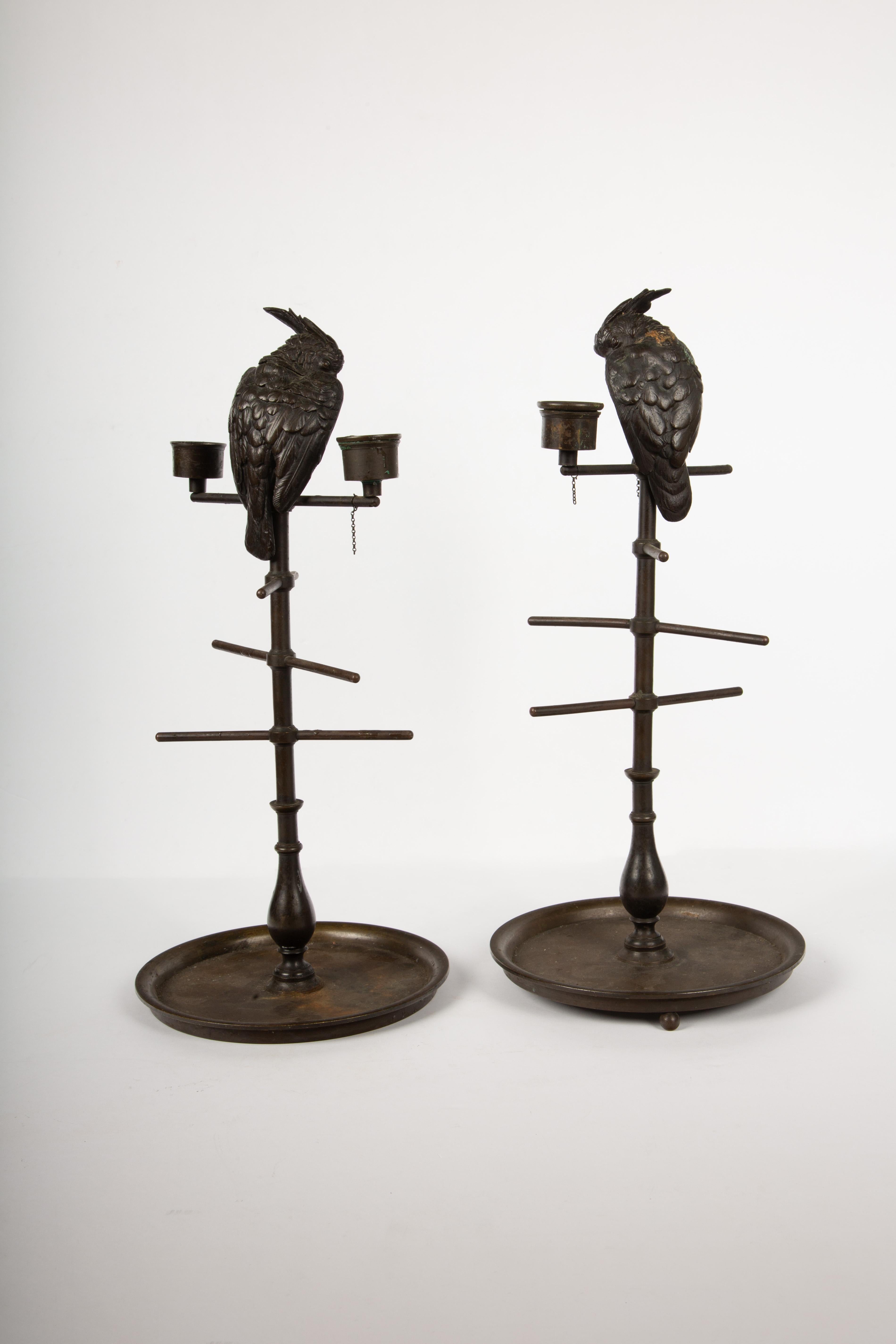 Bronze 19th Century Parakeet Perch Inkwell Candlesticks: Ink 'n' Perch Delight! For Sale