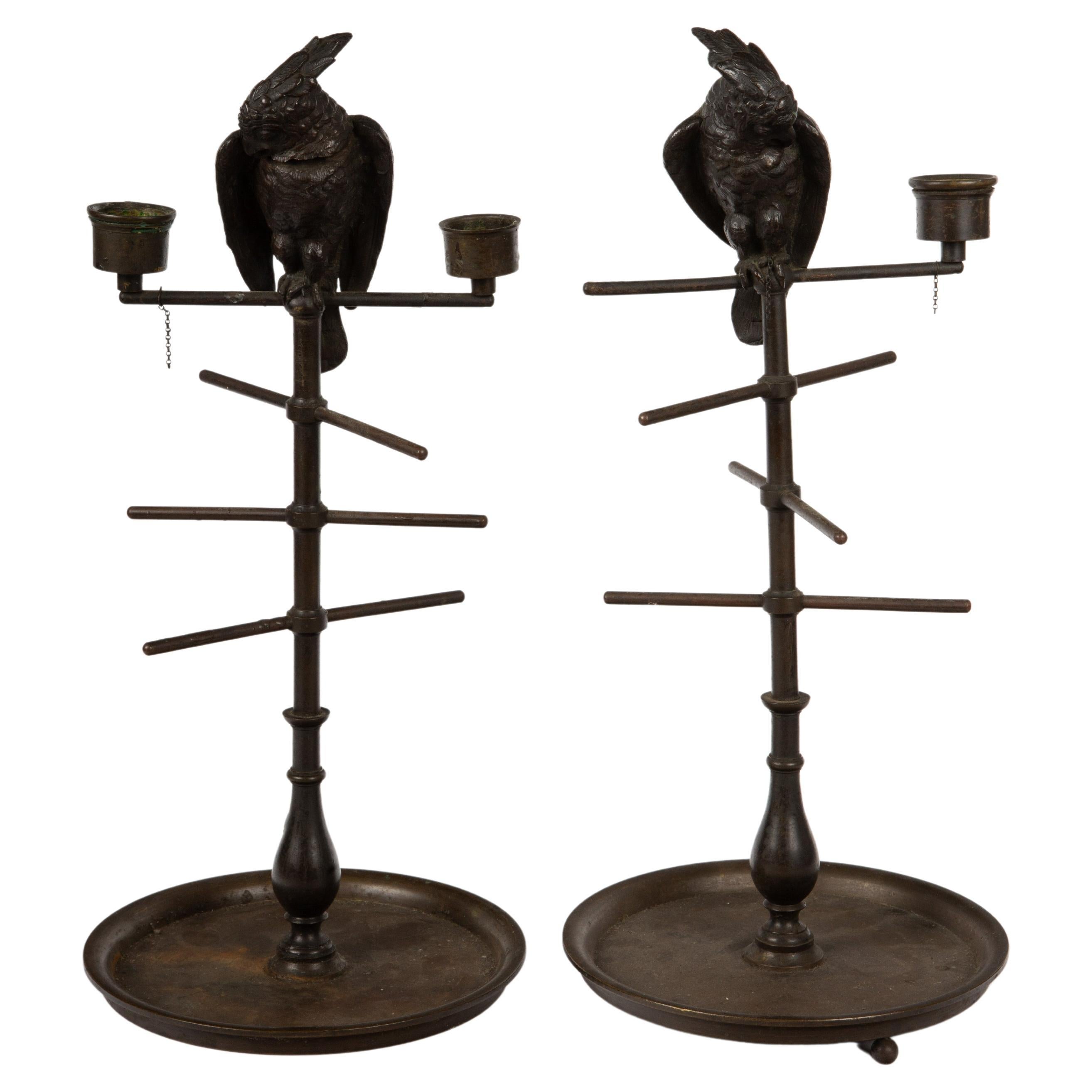 19th Century Parakeet Perch Inkwell Candlesticks: Ink 'n' Perch Delight! For Sale