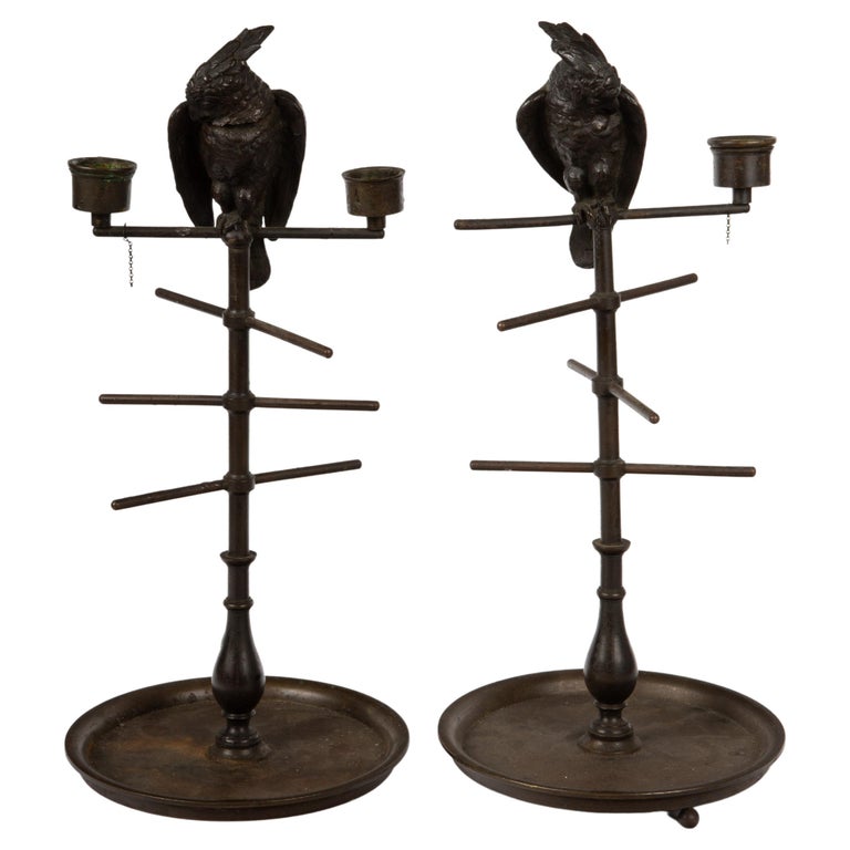 Parakeet Perch Inkwell Candlesticks, 19th Century,  offered by Creel and Gow