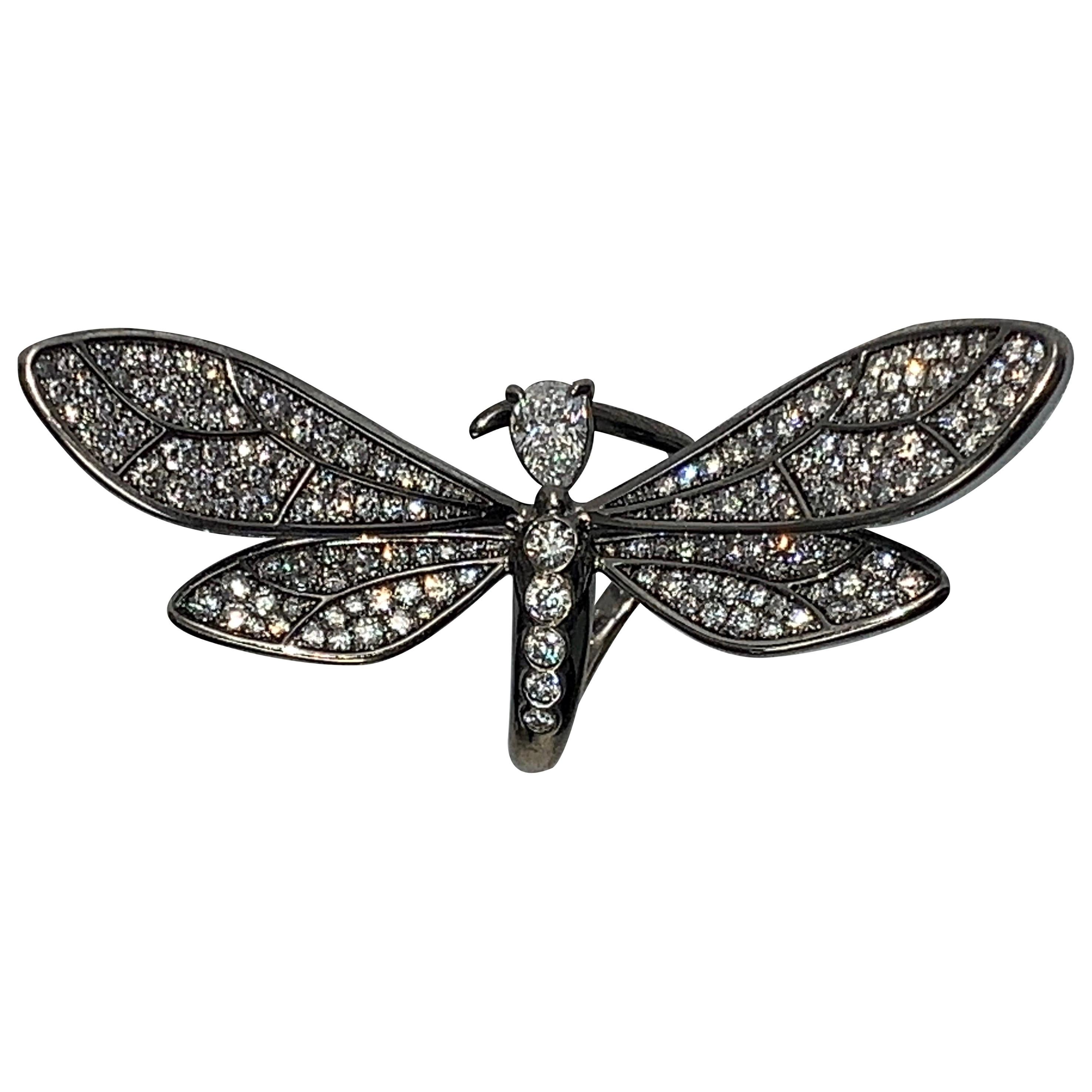 Pear Shape & White Diamond Dragonfly Ring For Sale