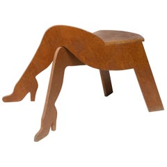 Whimsical and Rare Wooden "Crossed Legs" Stool by Jean-Claude Biraben