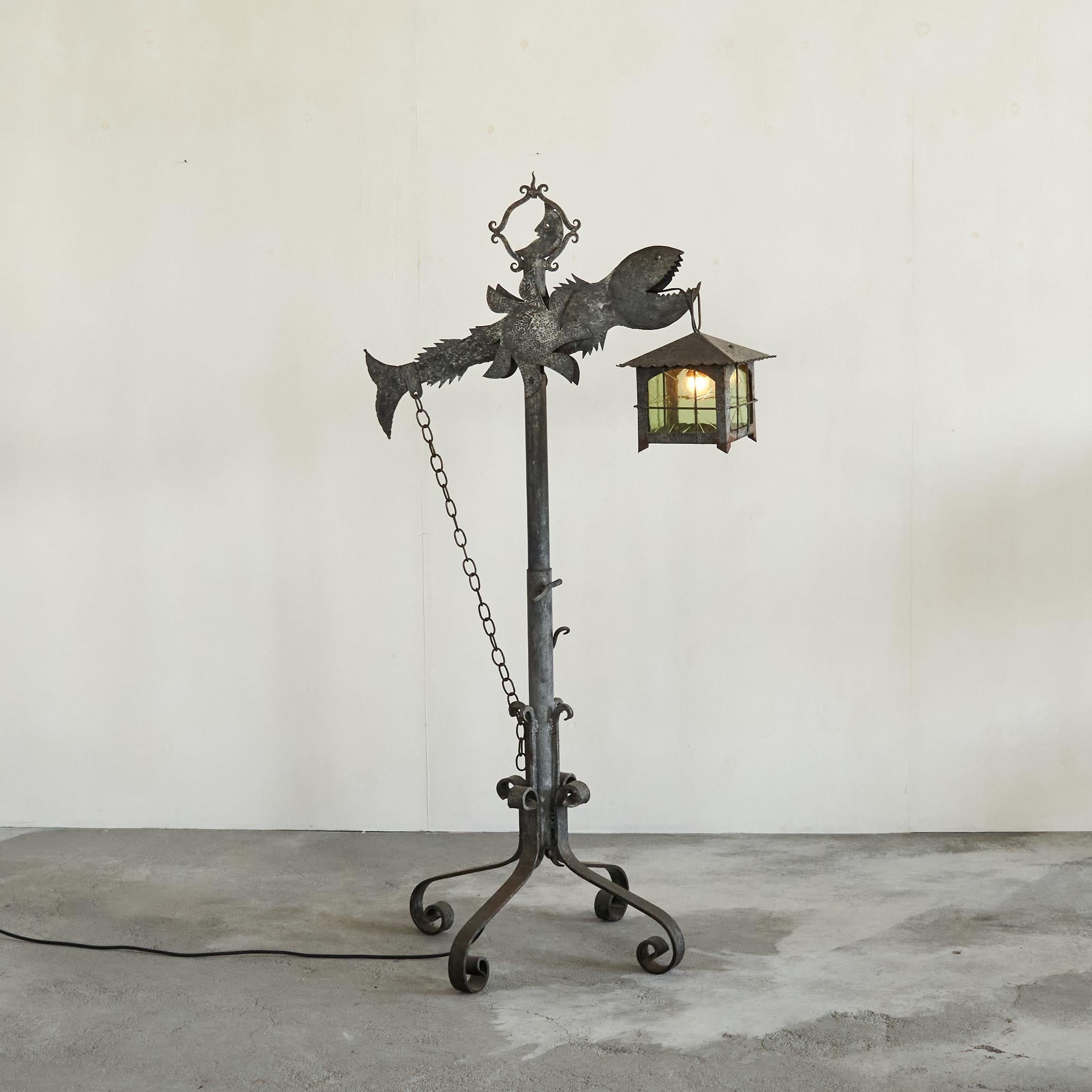 Whimsical and Unique Brutalist Fish Lantern Floor Lamp in Wrought Iron 1960s For Sale 6