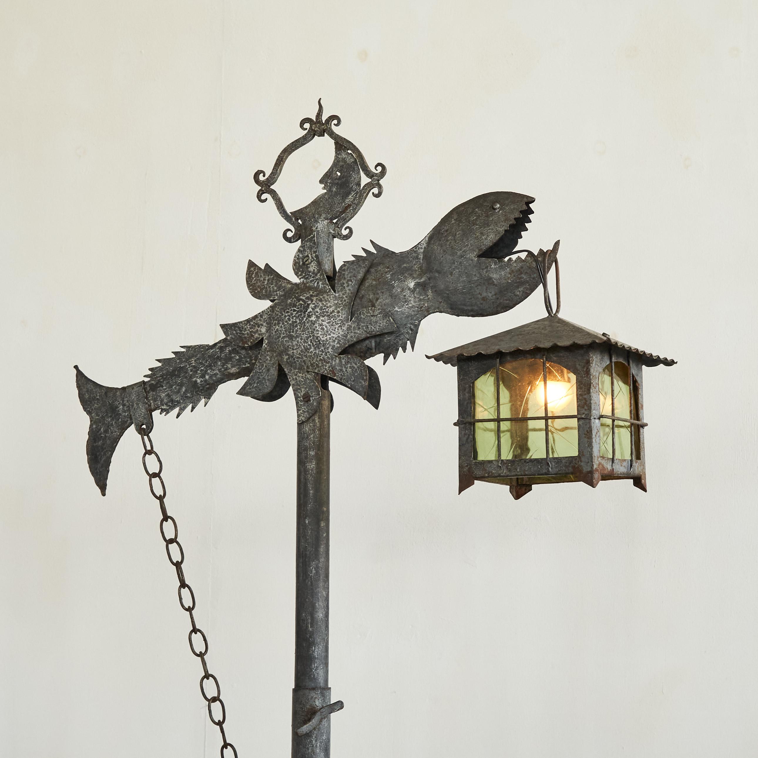 European Whimsical and Unique Brutalist Fish Lantern Floor Lamp in Wrought Iron 1960s For Sale