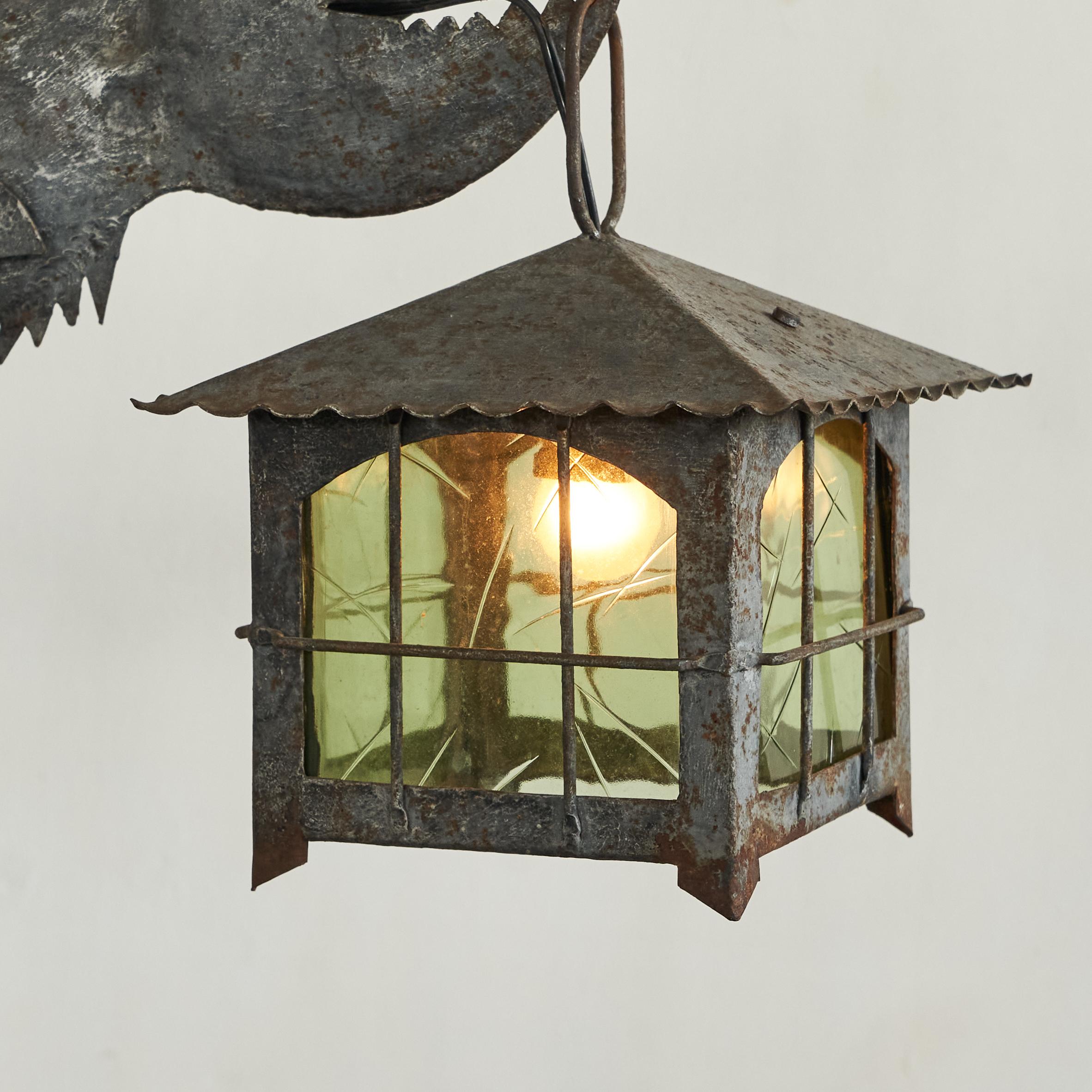 20th Century Whimsical and Unique Brutalist Fish Lantern Floor Lamp in Wrought Iron 1960s For Sale