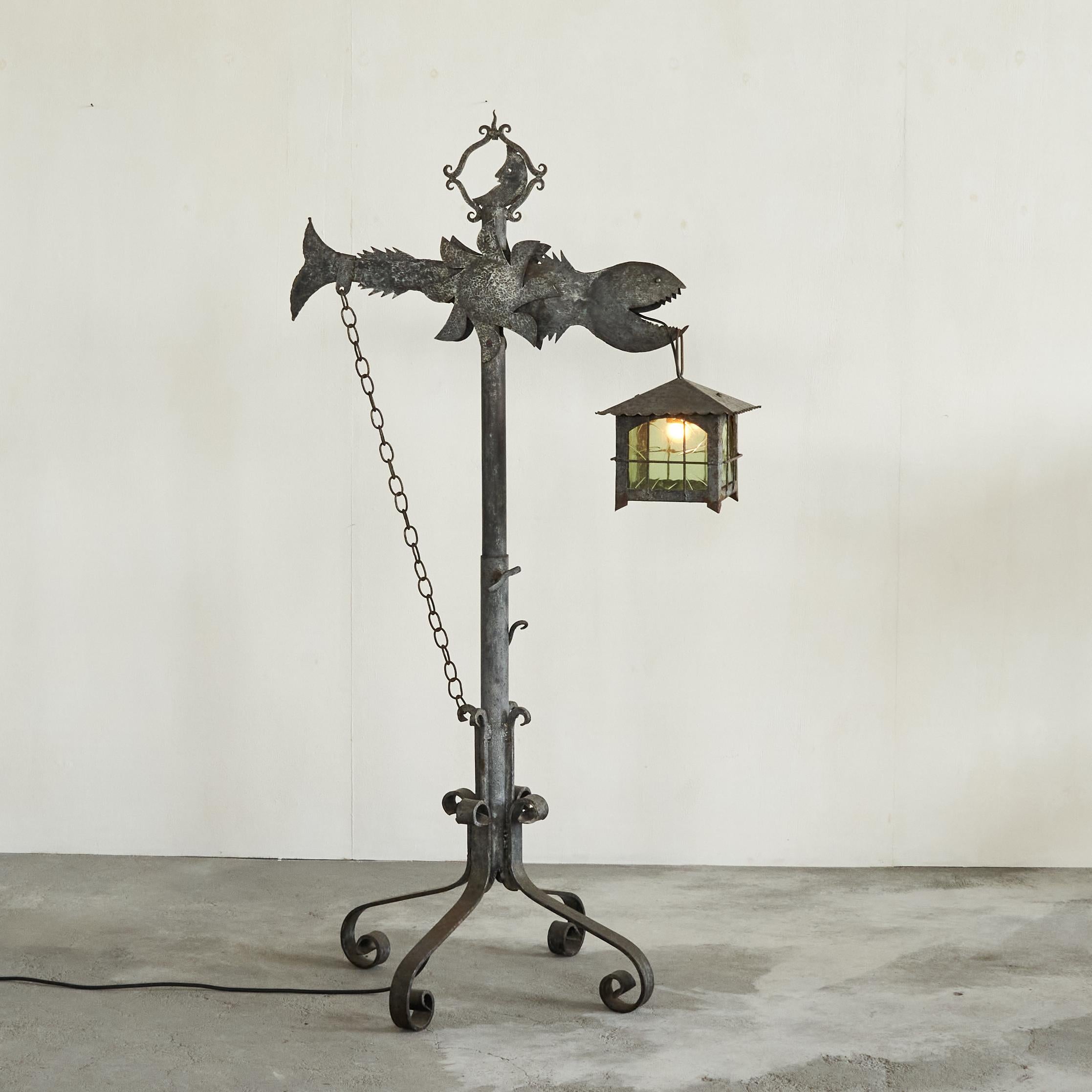 Whimsical and Unique Brutalist Fish Lantern Floor Lamp in Wrought Iron 1960s For Sale 1
