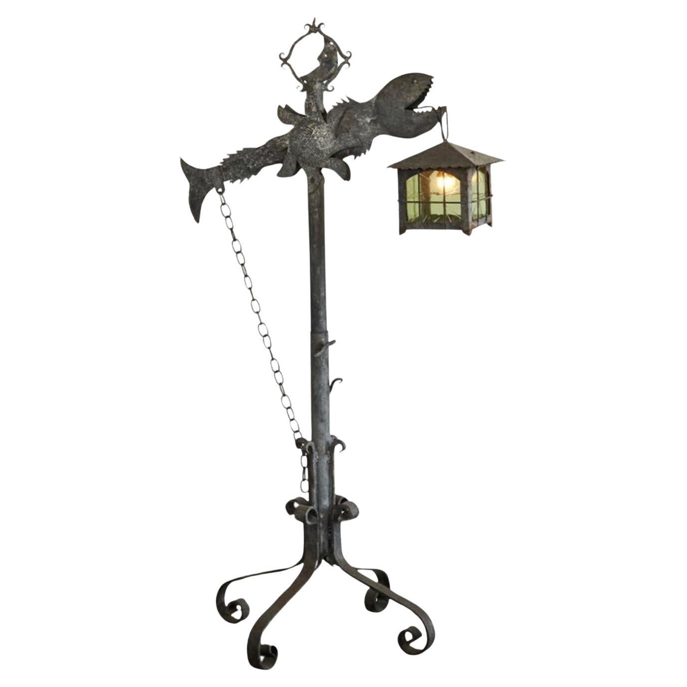 Whimsical and Unique Brutalist Fish Lantern Floor Lamp in Wrought Iron 1960s