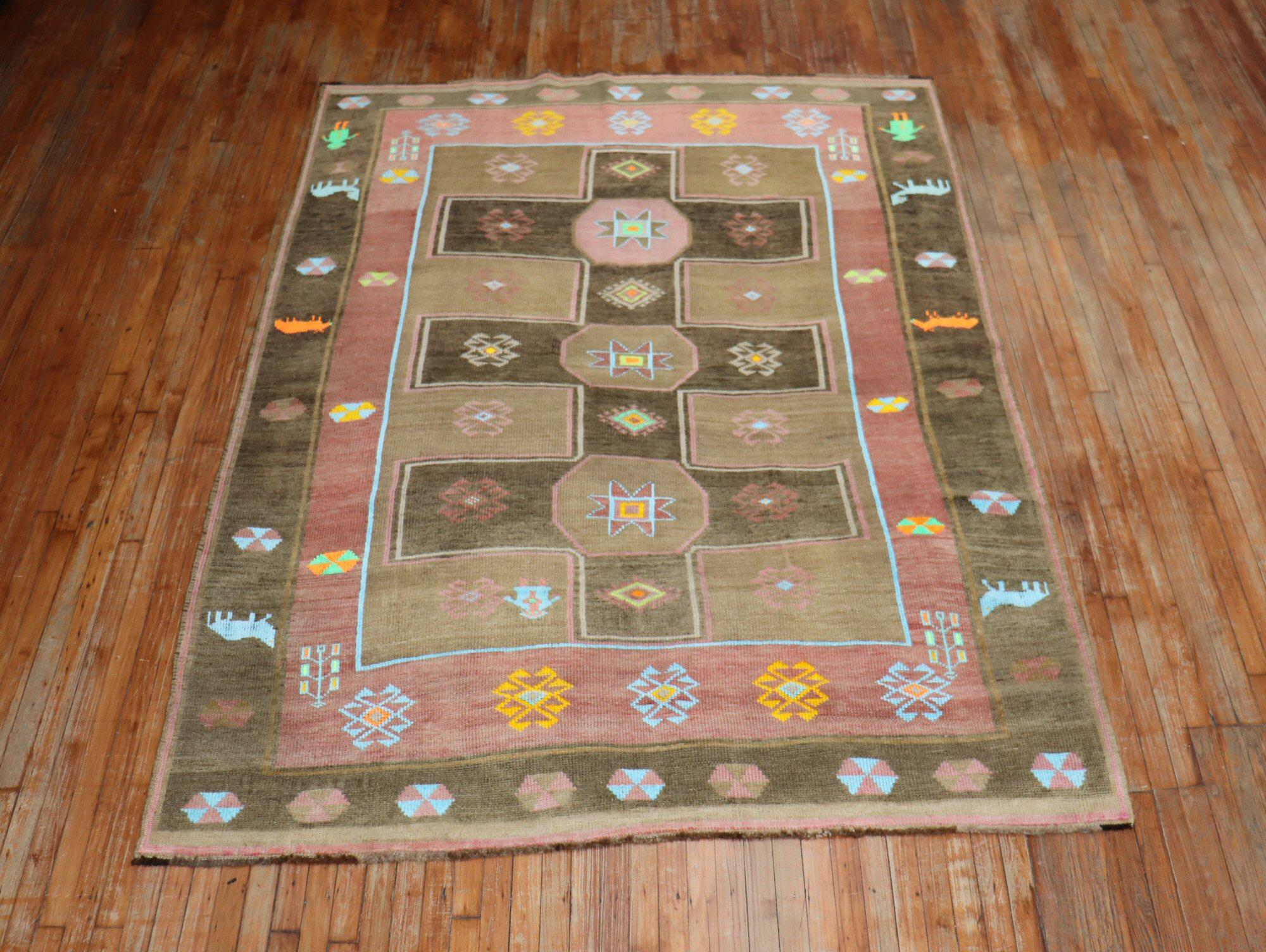 Whimsical Animal Border Figurative Turkish Rug For Sale 3