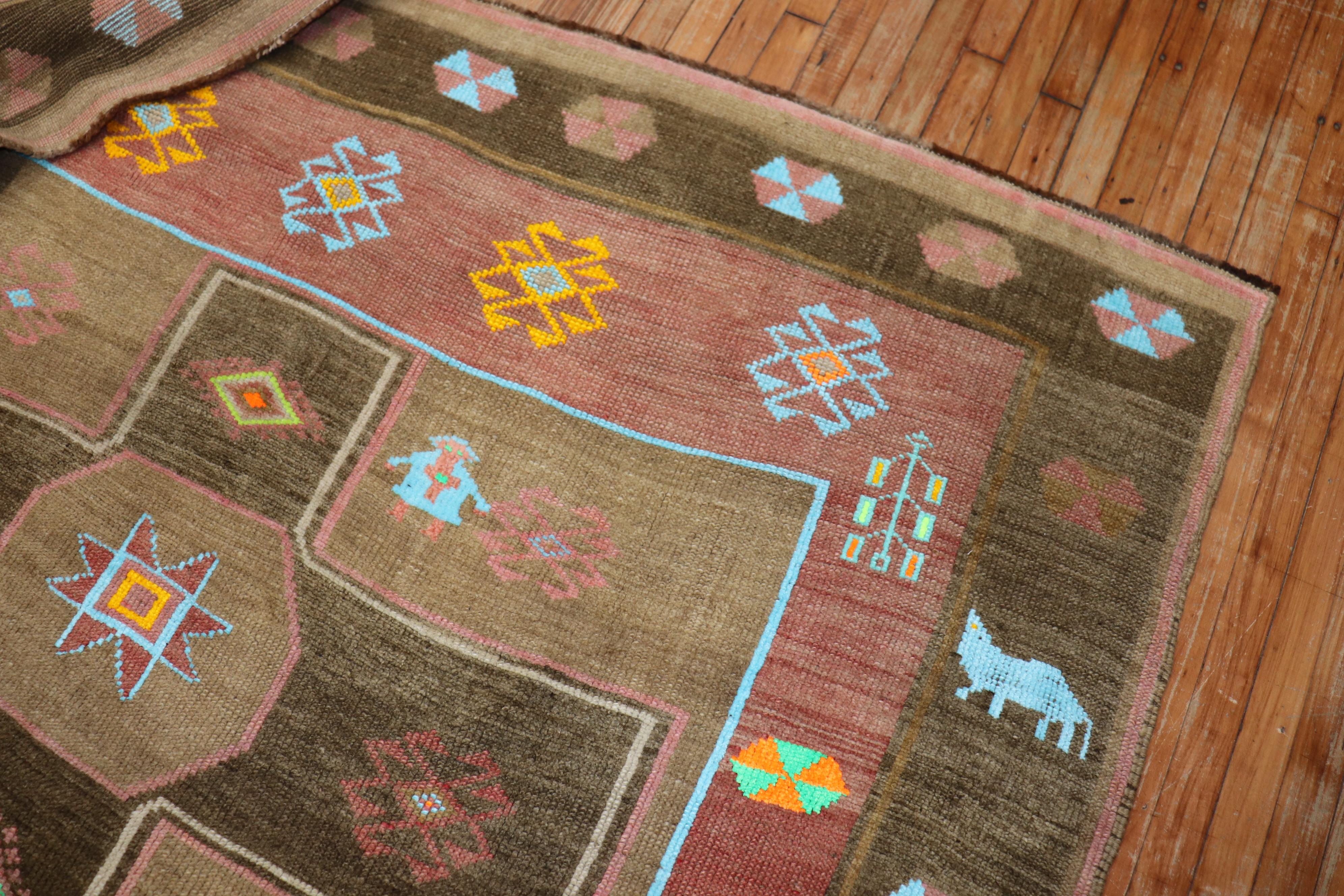 Hand-Knotted Whimsical Animal Border Figurative Turkish Rug For Sale