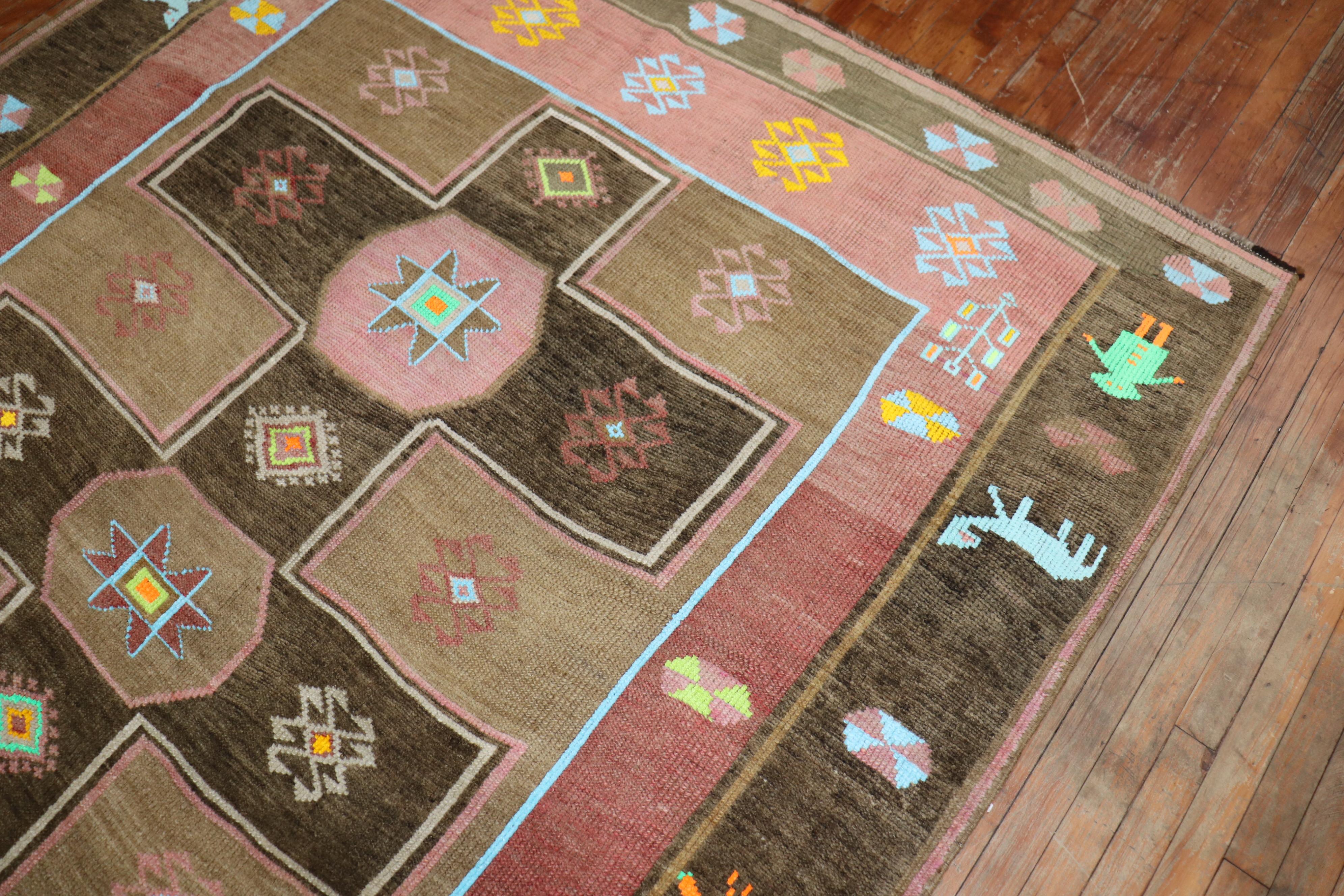 Wool Whimsical Animal Border Figurative Turkish Rug For Sale