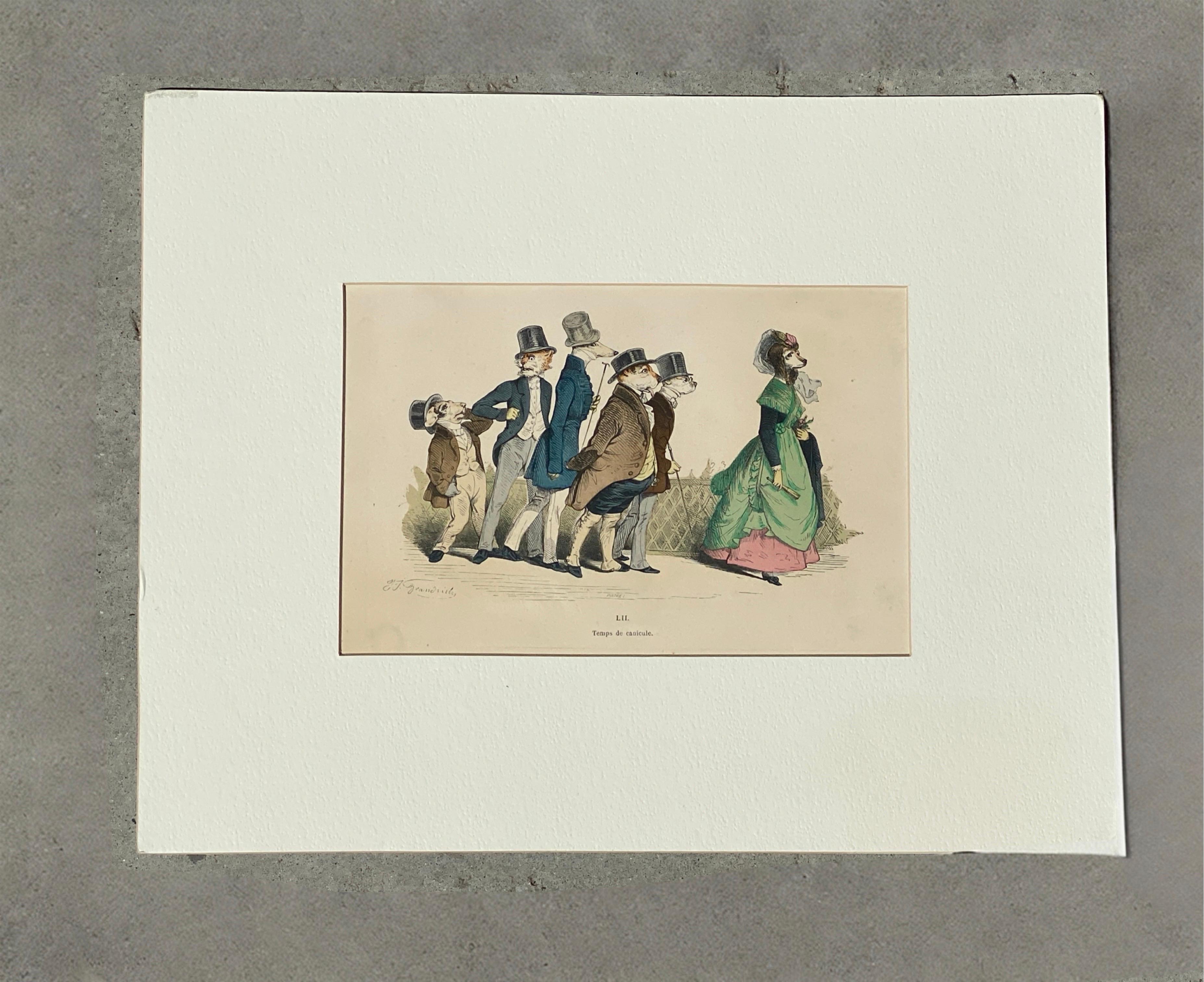 Whimsical Animal Hand Colored Copper Plate Engraving by Granville, Paris 1875 For Sale 2