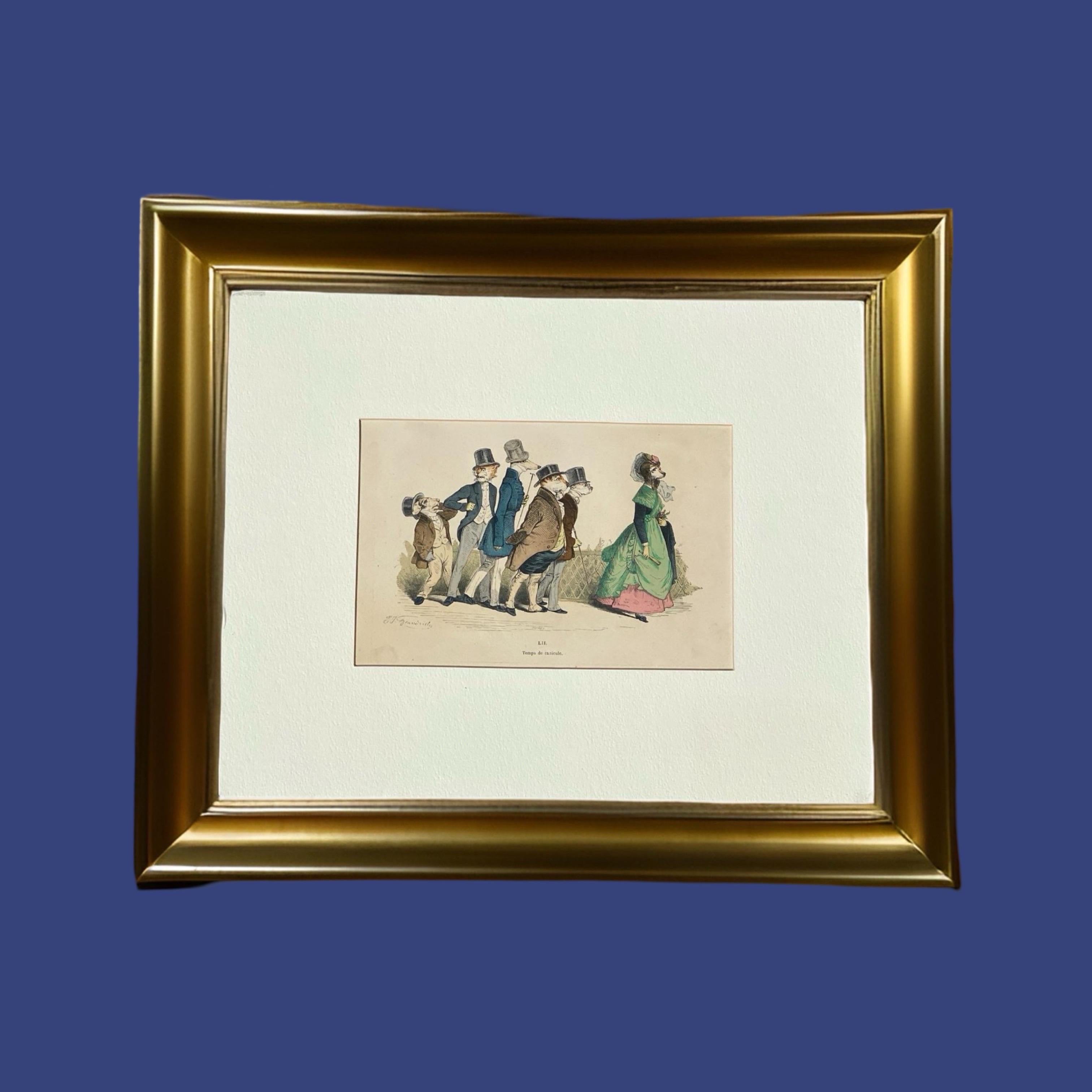 Whimsical Animal Hand Colored Copper Plate Engraving by Granville, Paris 1875 For Sale 3