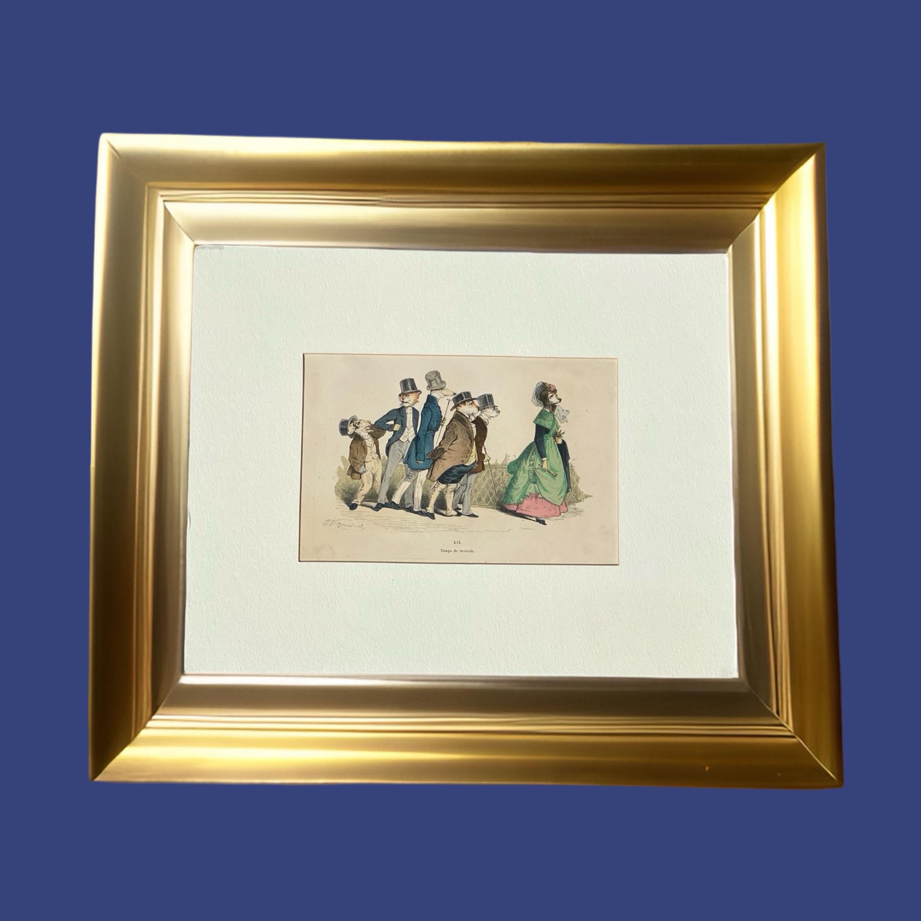 Whimsical Animal Hand Colored Copper Plate Engraving by Granville, Paris 1875 For Sale 4