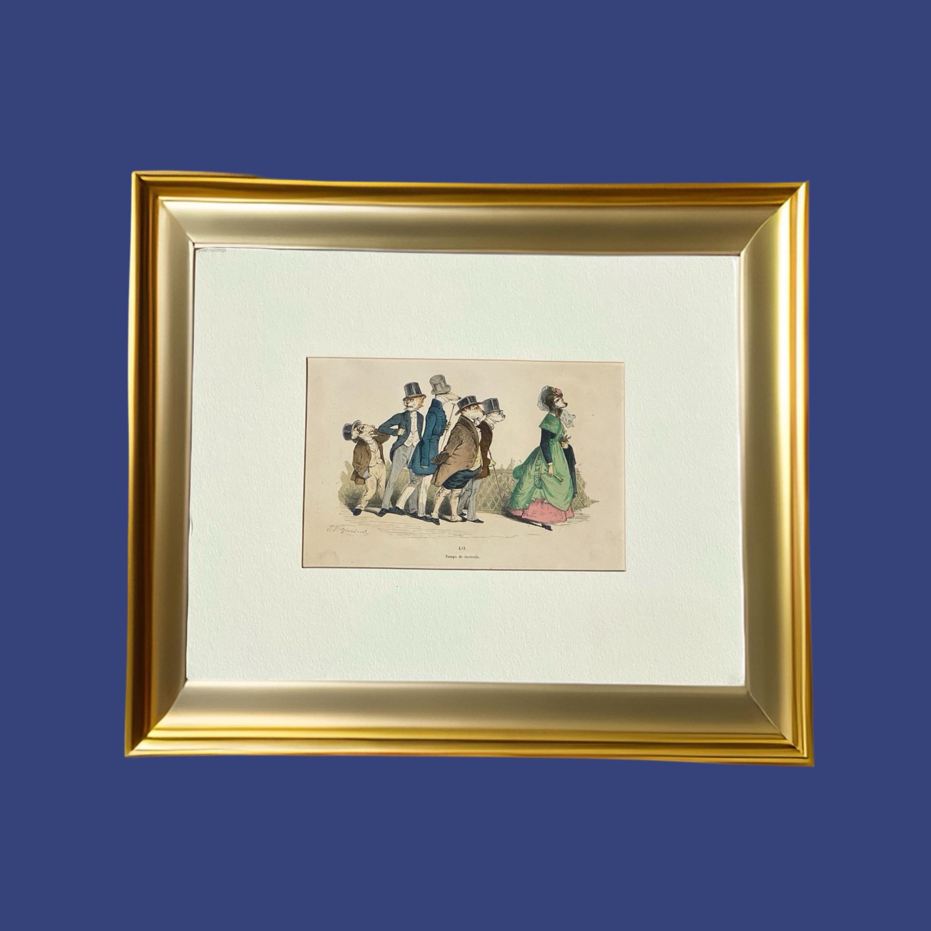 Whimsical Animal Hand Colored Copper Plate Engraving by Granville, Paris 1875 For Sale 5