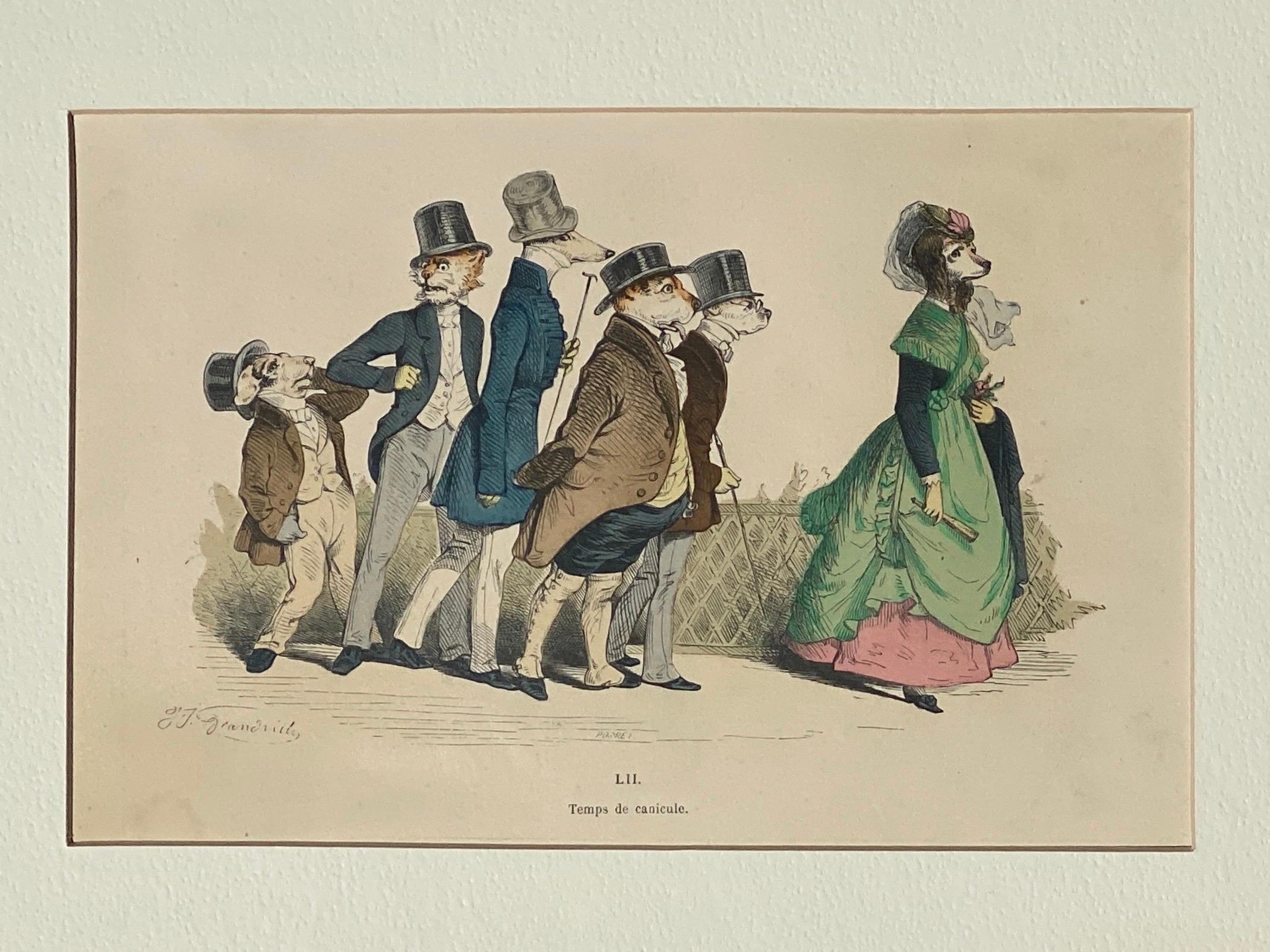 Art Nouveau Whimsical Animal Hand Colored Copper Plate Engraving by Granville, Paris 1875 For Sale