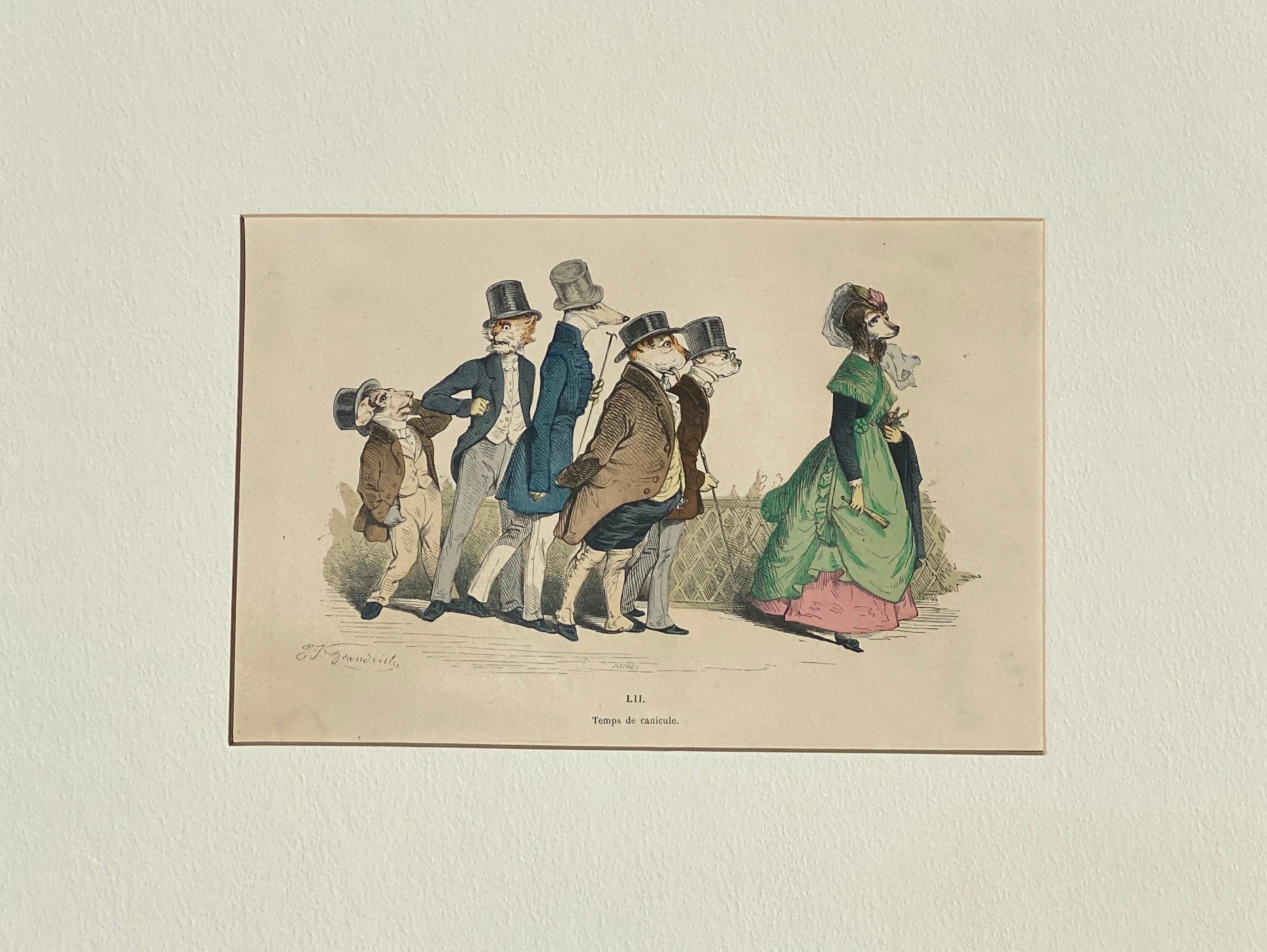 French Whimsical Animal Hand Colored Copper Plate Engraving by Granville, Paris 1875 For Sale