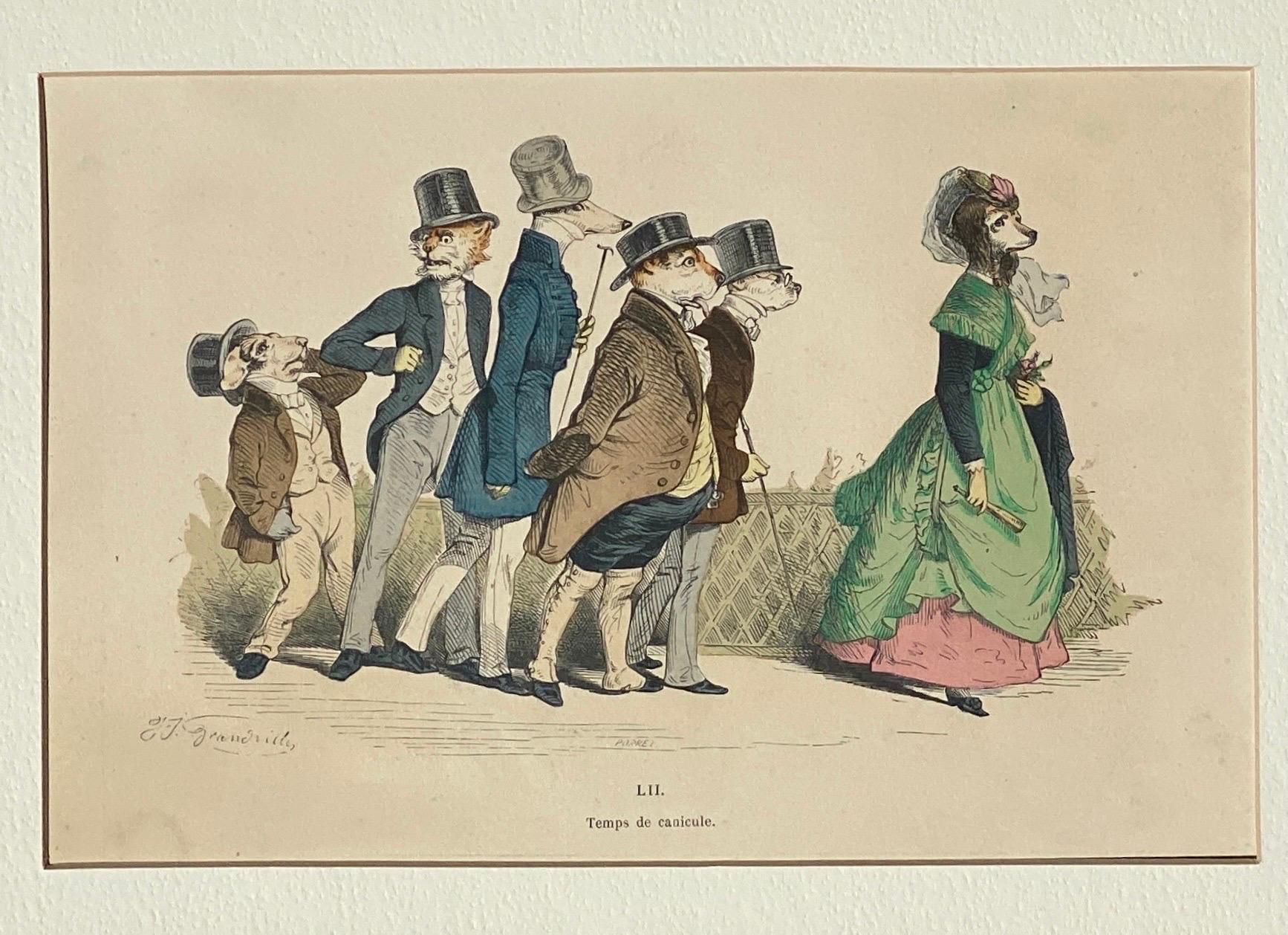 Whimsical Animal Hand Colored Copper Plate Engraving by Granville, Paris 1875 In Good Condition For Sale In Palm Springs, CA