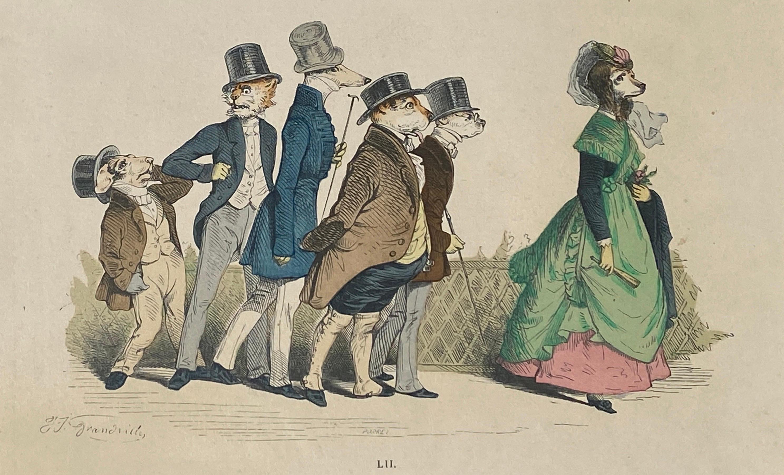 19th Century Whimsical Animal Hand Colored Copper Plate Engraving by Granville, Paris 1875 For Sale