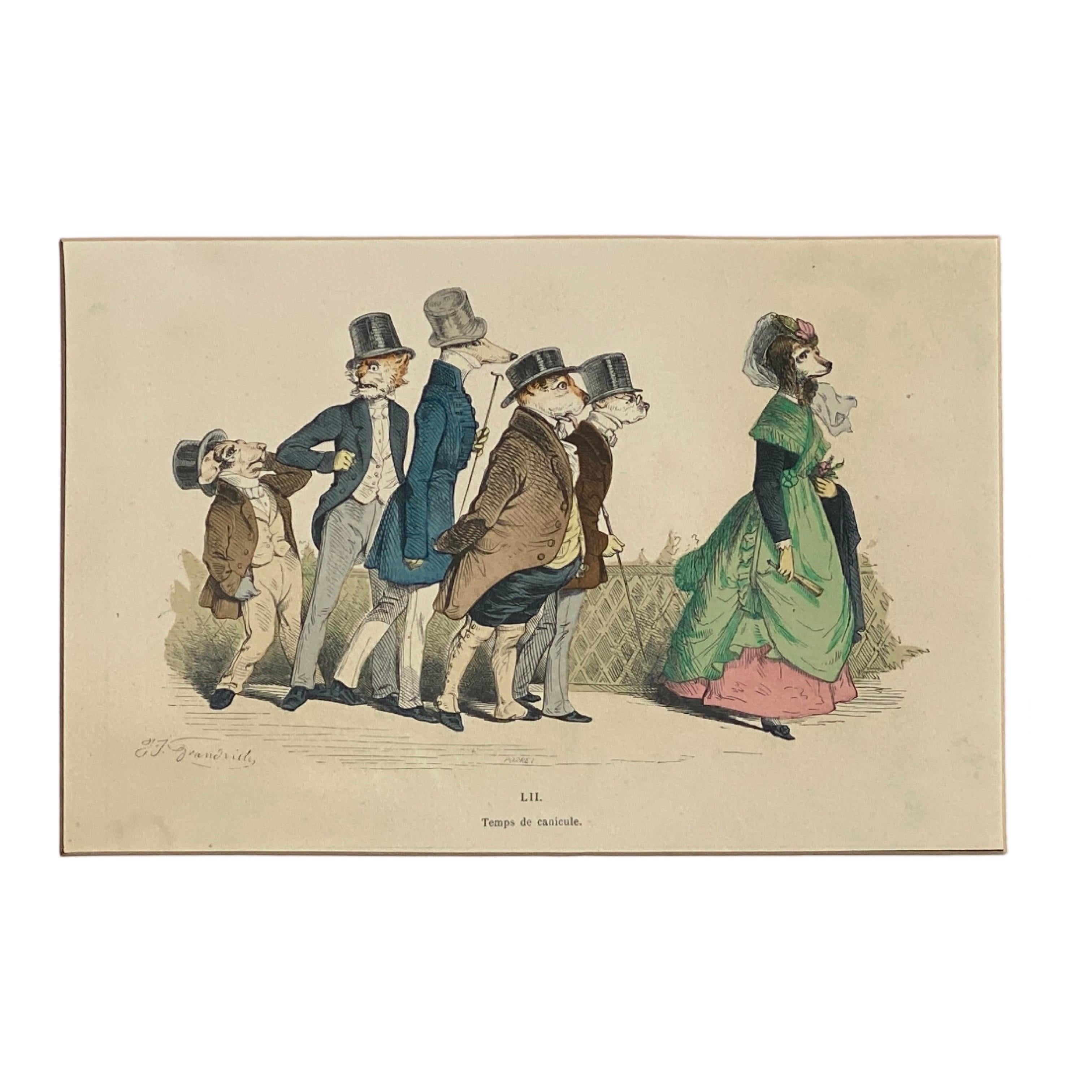 Paper Whimsical Animal Hand Colored Copper Plate Engraving by Granville, Paris 1875 For Sale