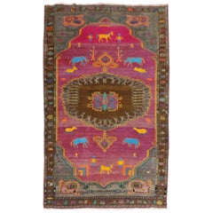 Vintage Whimsical Animal Human Figurative Turkish Rug