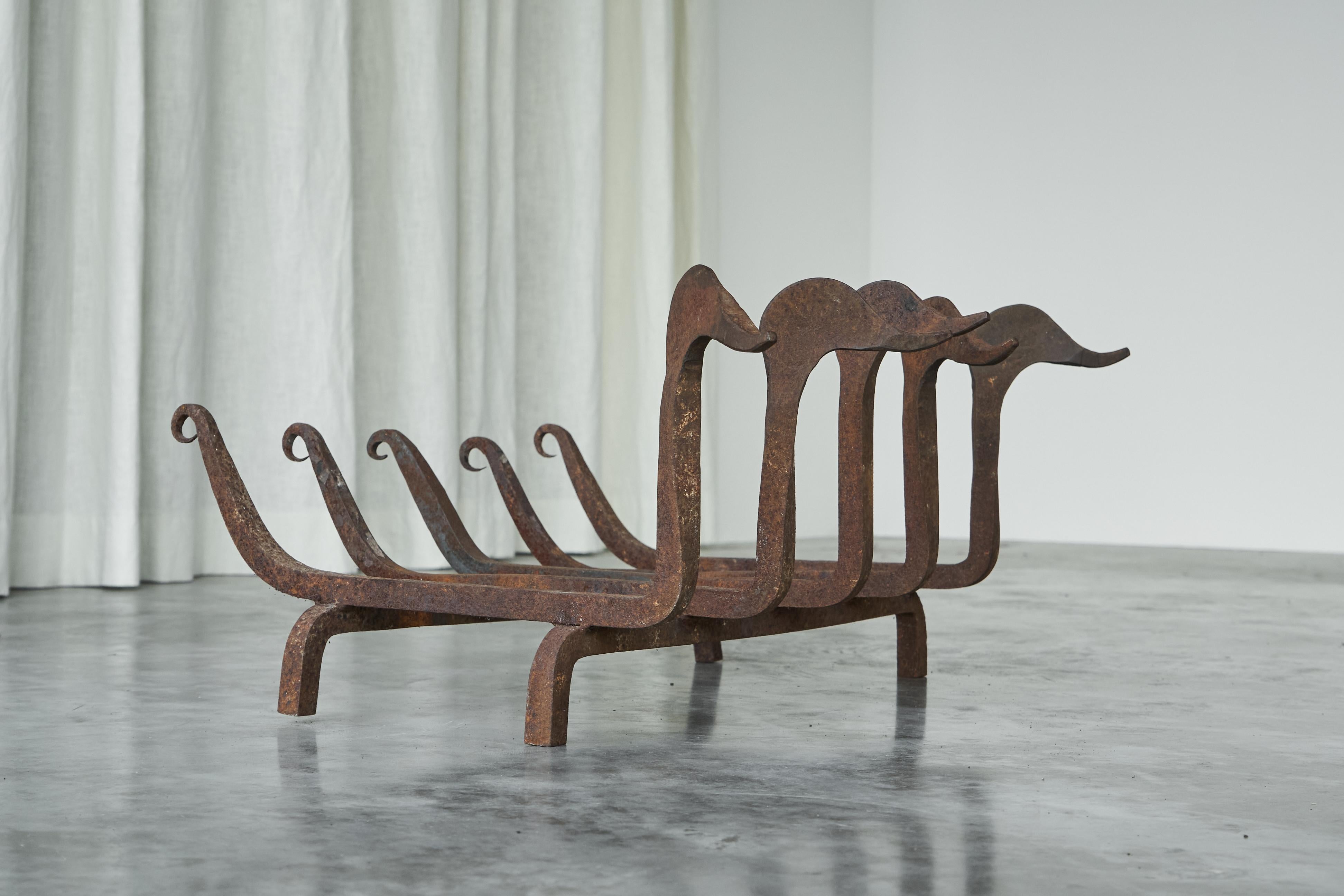 Whimsical Antique Duck Shaped Fire Grate / Andirons in Rusted Wrought Iron 3