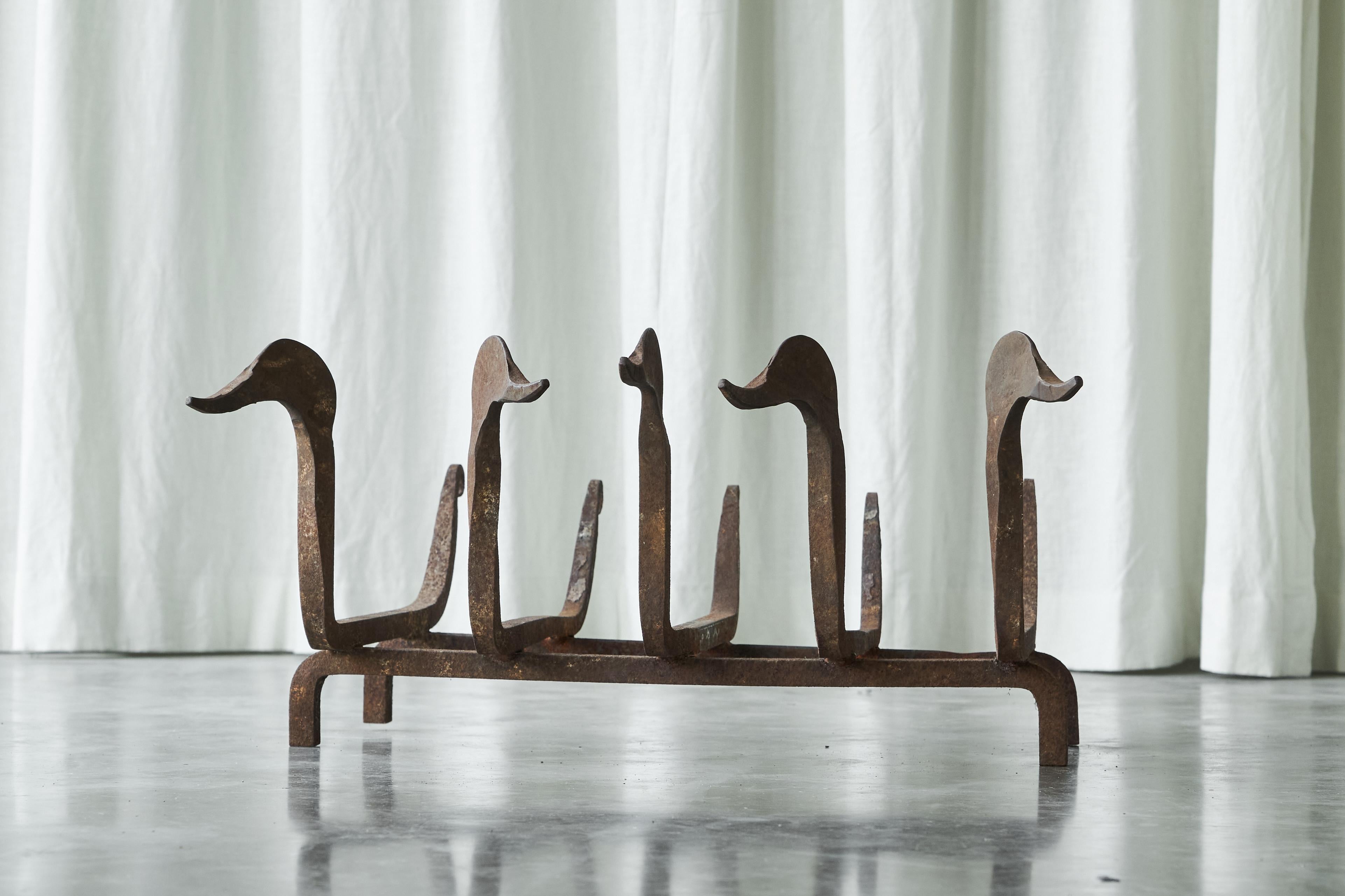 European Whimsical Antique Duck Shaped Fire Grate / Andirons in Rusted Wrought Iron