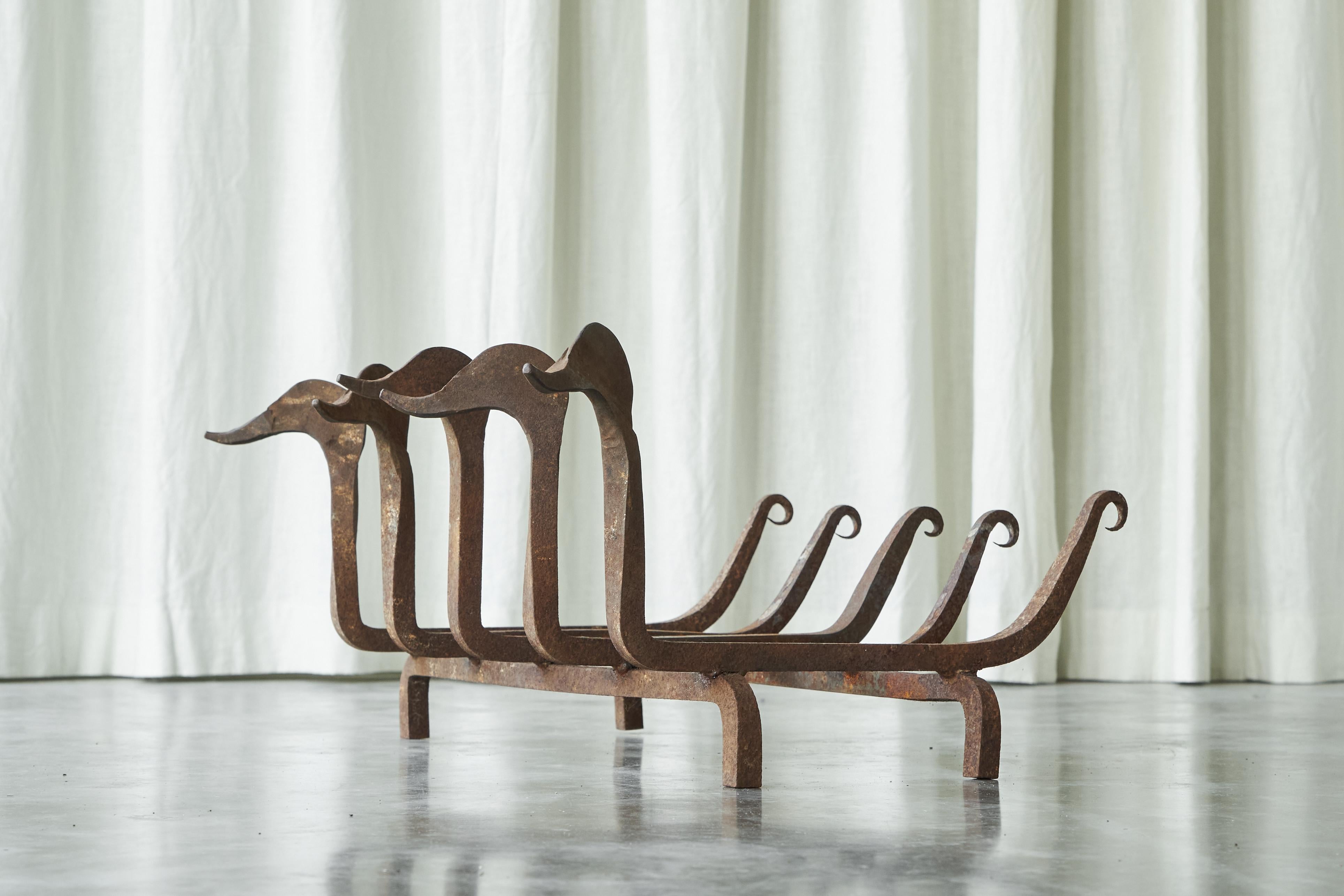 20th Century Whimsical Antique Duck Shaped Fire Grate / Andirons in Rusted Wrought Iron