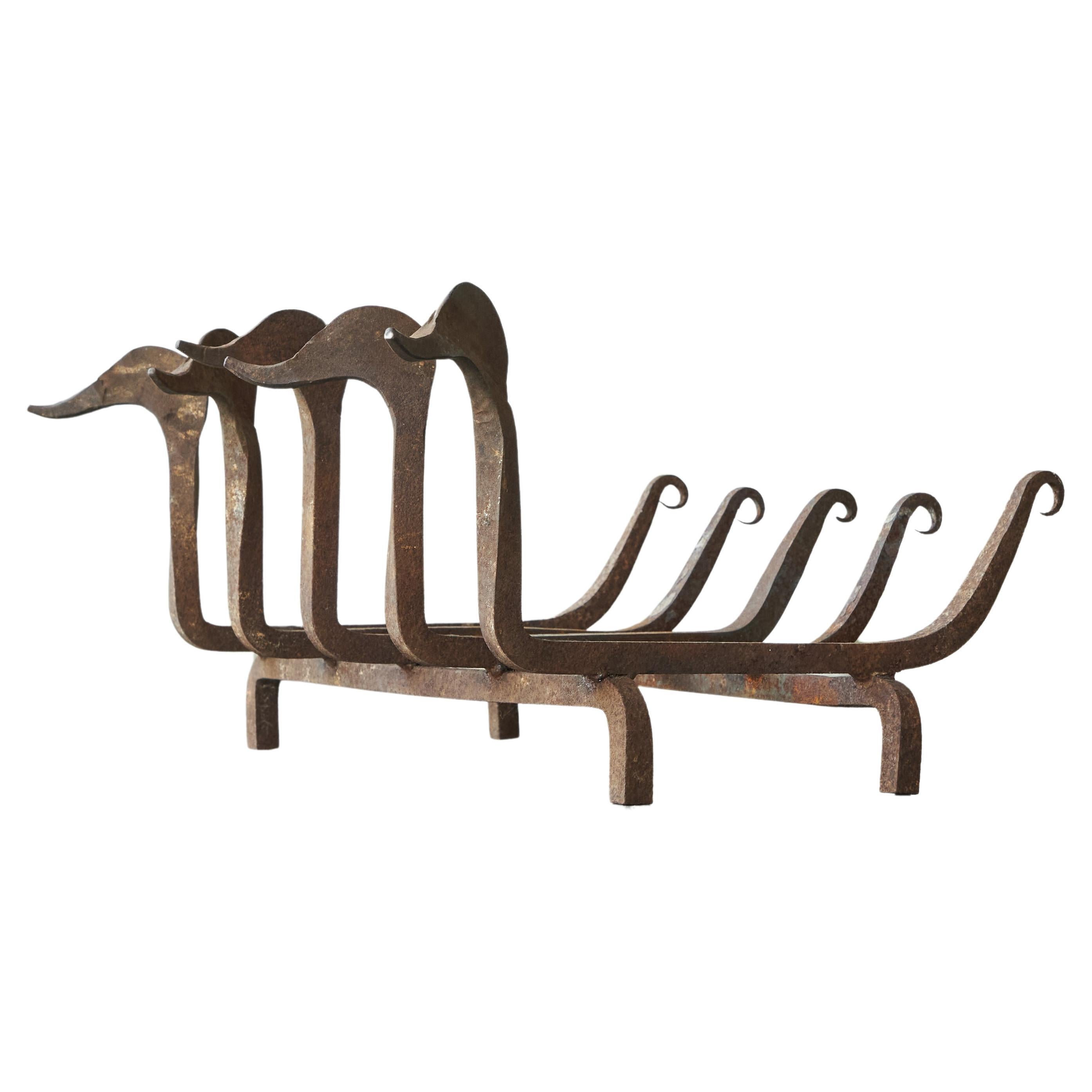 Whimsical Antique Duck Shaped Fire Grate / Andirons in Rusted Wrought Iron