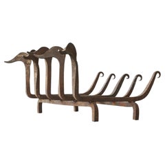 Whimsical Antique Duck Shaped Fire Grate / Andirons in Rusted Wrought Iron