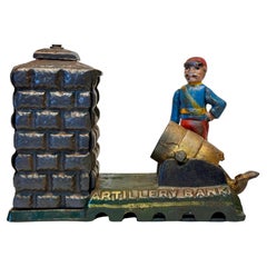 Whimsical Antique Painted Cast Iron Artillery Bank Mechanical Money Box - AS IS