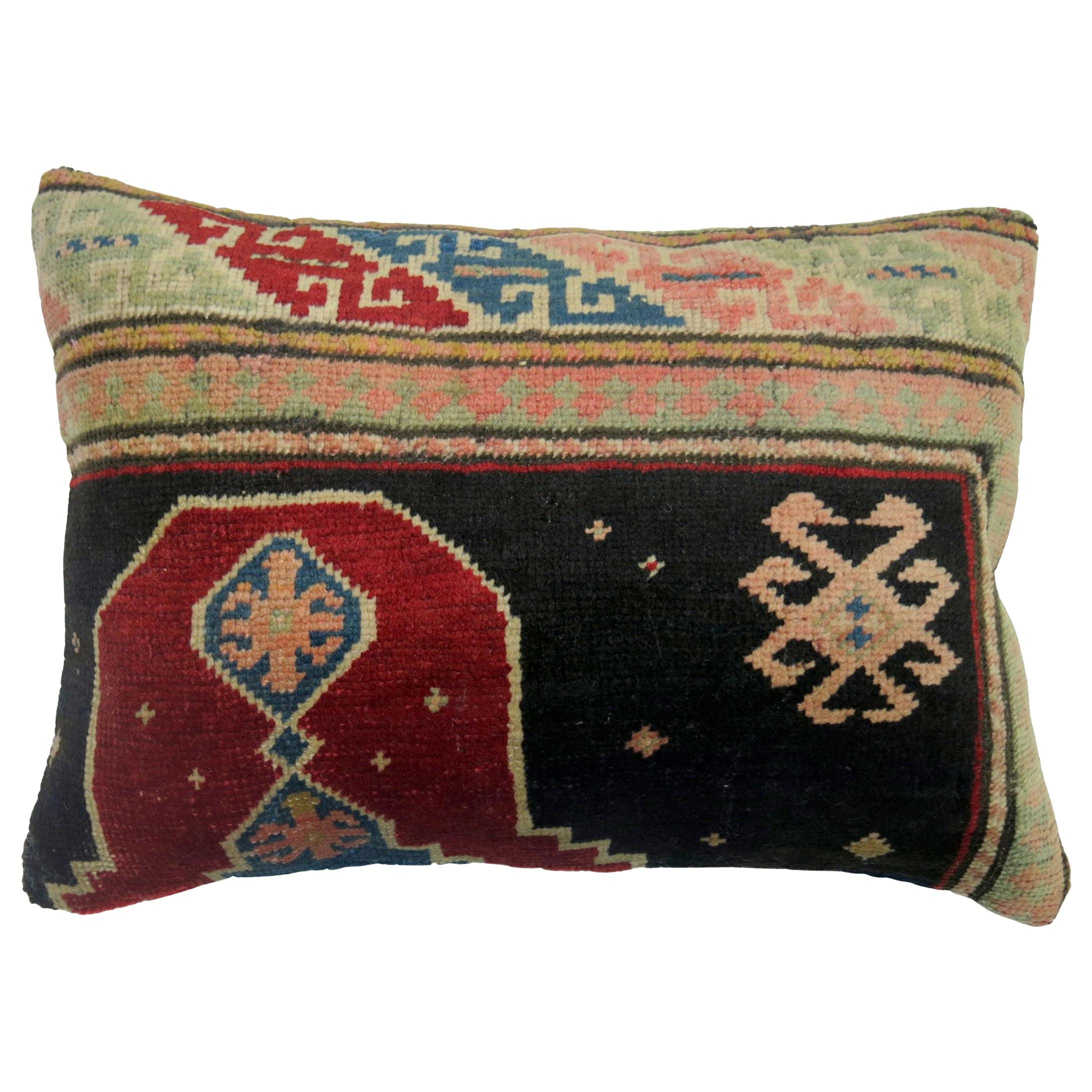 Whimsical Antique Wool Turkish Rug Khotan Inspired Lumbar Size Pillow For Sale