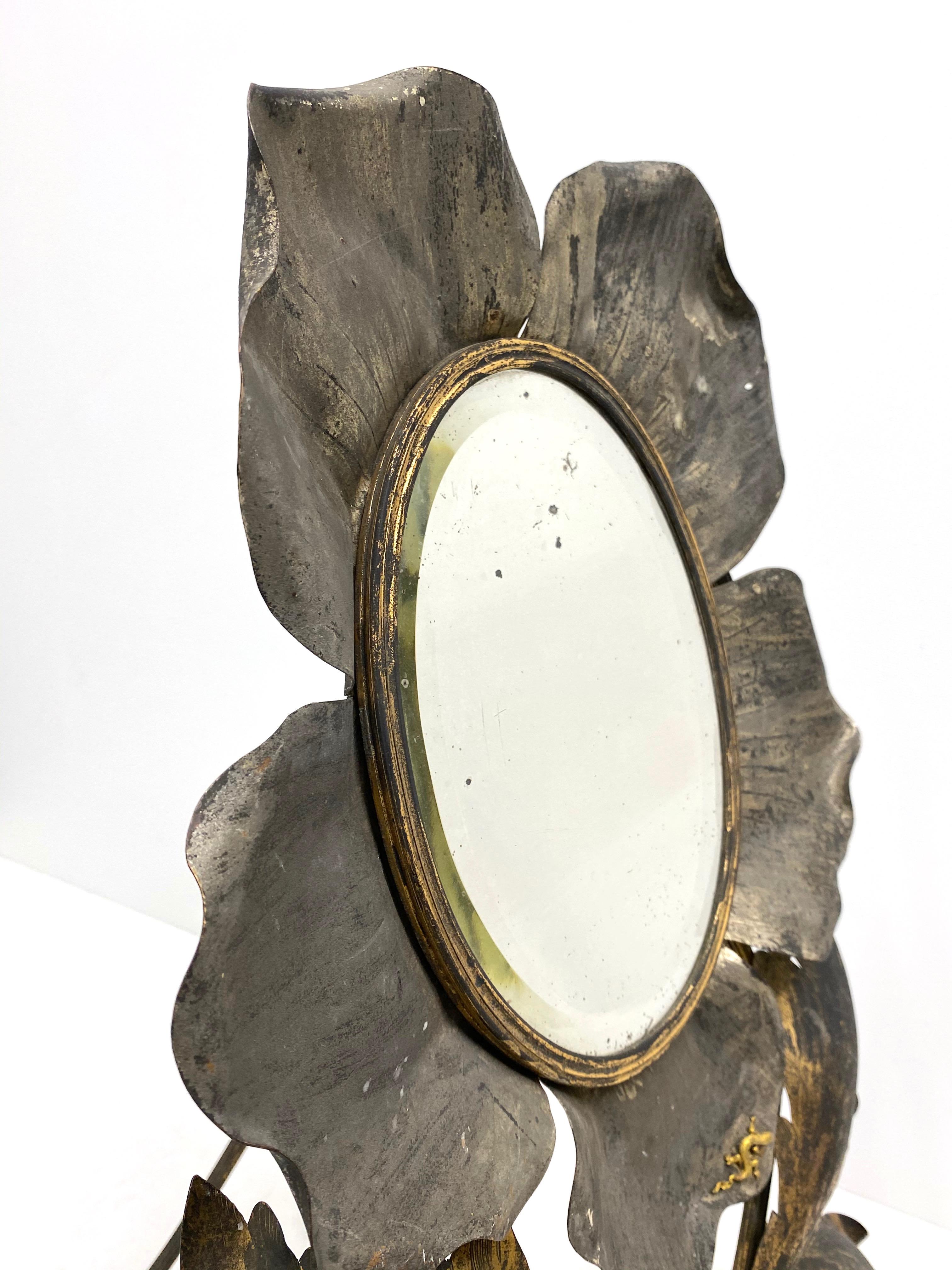 Gorgeous Art Nouveau distressed Vanity Mirror part gilt Metal small Lizard 1900s 5