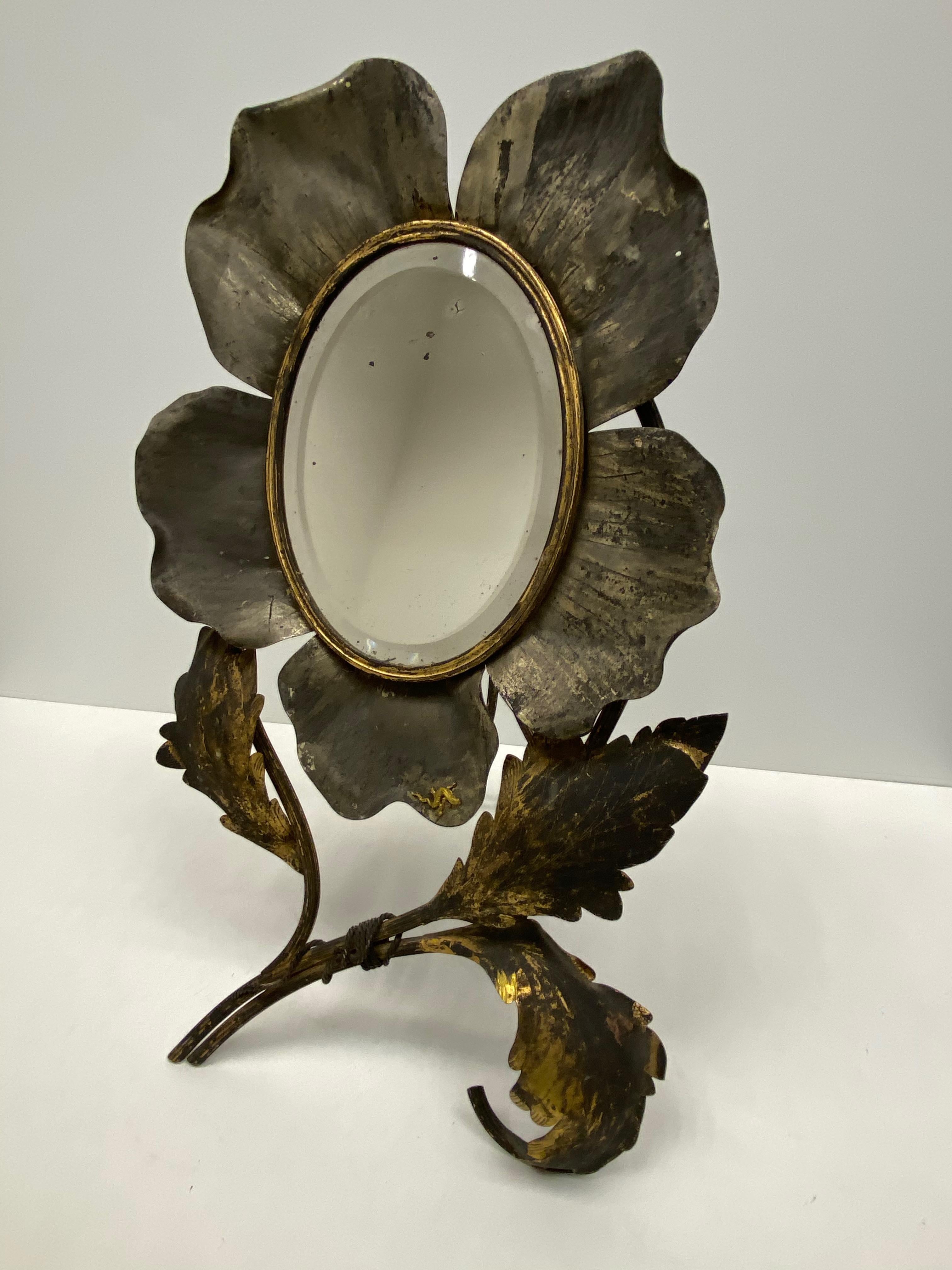 Gorgeous Art Nouveau distressed Vanity Mirror part gilt Metal small Lizard 1900s 9
