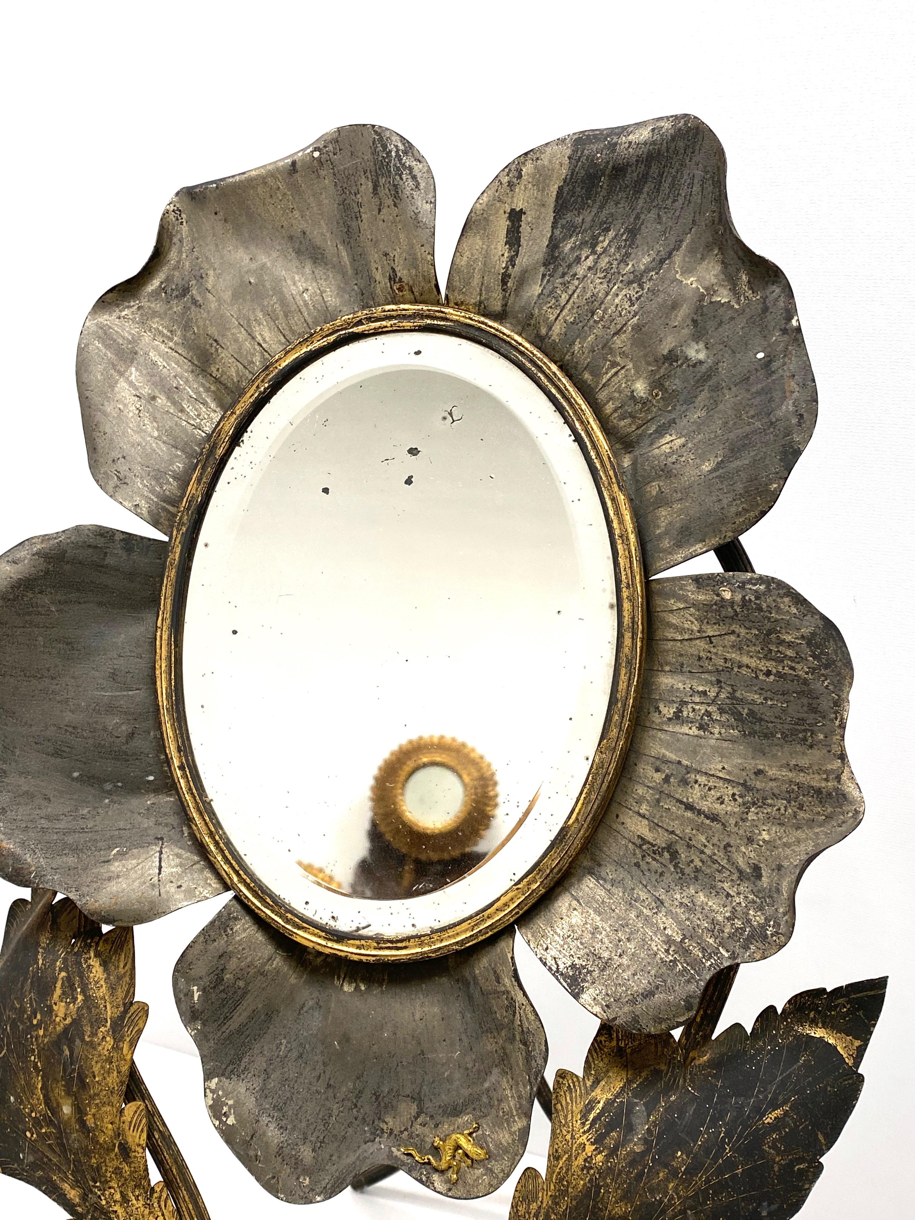 German Gorgeous Art Nouveau distressed Vanity Mirror part gilt Metal small Lizard 1900s