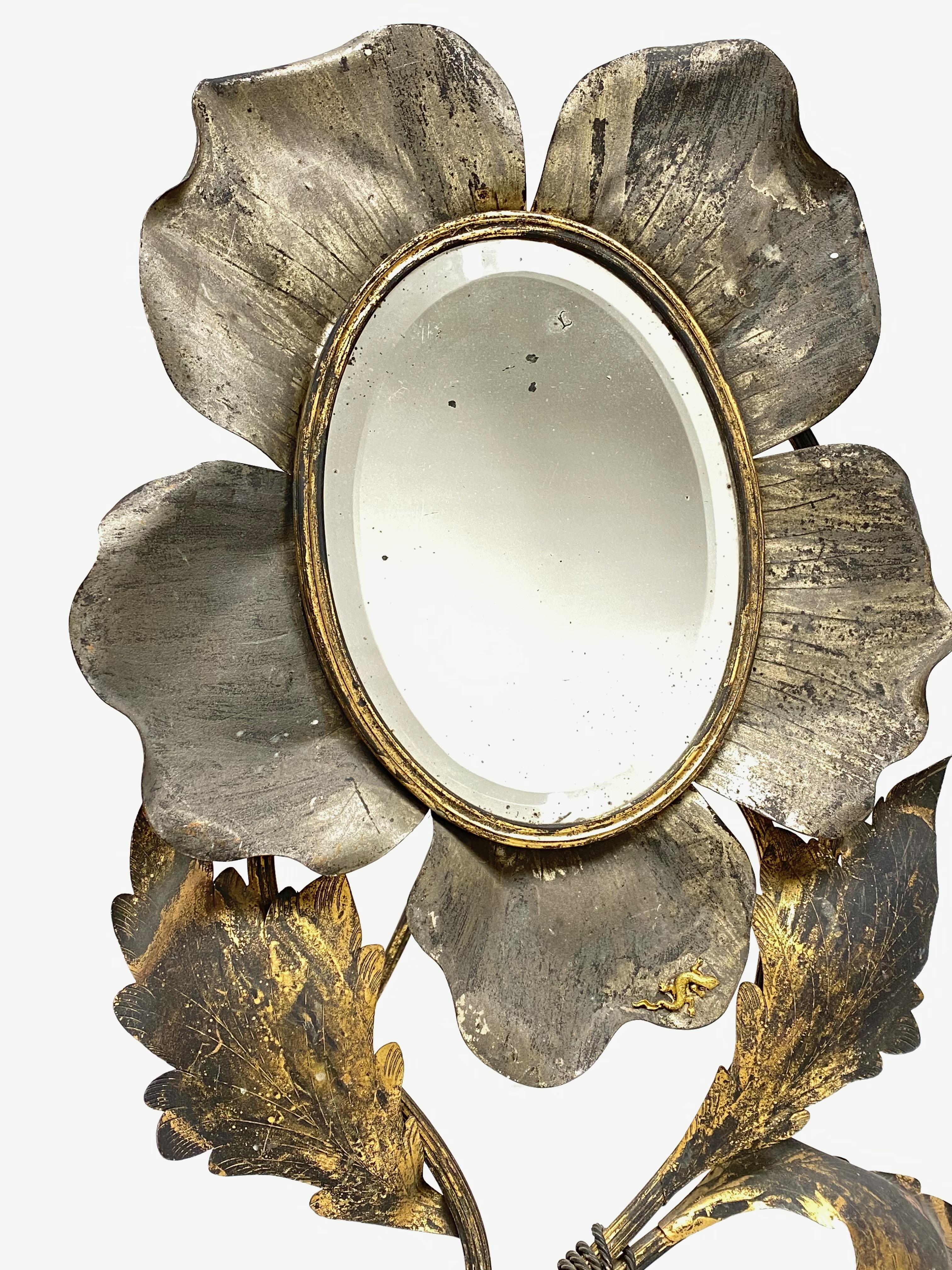 Gilt Gorgeous Art Nouveau distressed Vanity Mirror part gilt Metal small Lizard 1900s