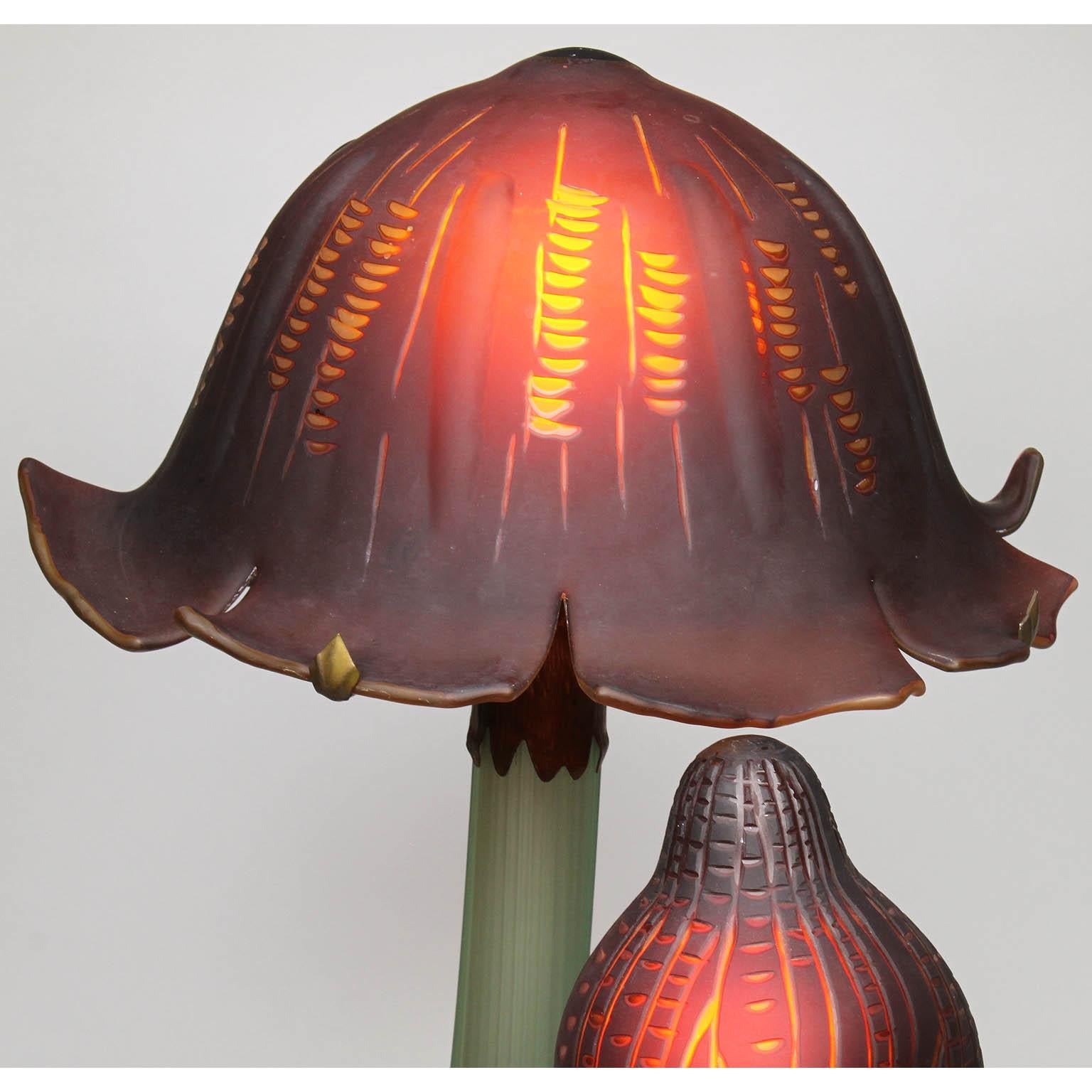 French Whimsical Art-Nouveau Style Mushroom Glass Lamp after Émile Gallé 