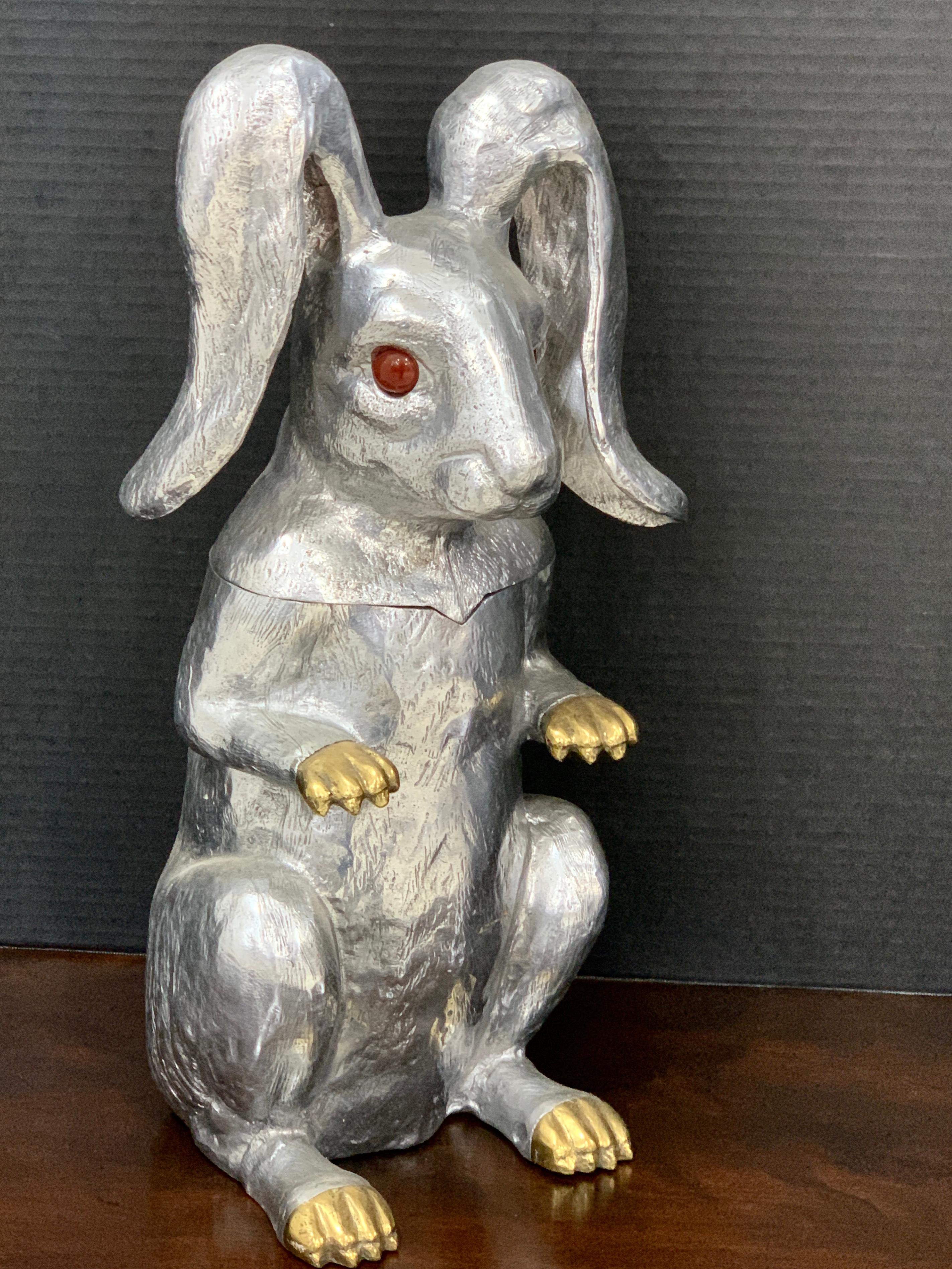 Whimsical Arthur Court rabbit hinged ice bucket or wine cooler, realistically cast and modeled figure of a standing rabbit, with gemstone eyes, hinged lid, and brass paws. Stamped Copyright Arthur Court 1986.