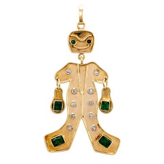 Whimsical Articulated 18 Karat Gold Emerald Diamond Figural Pendant