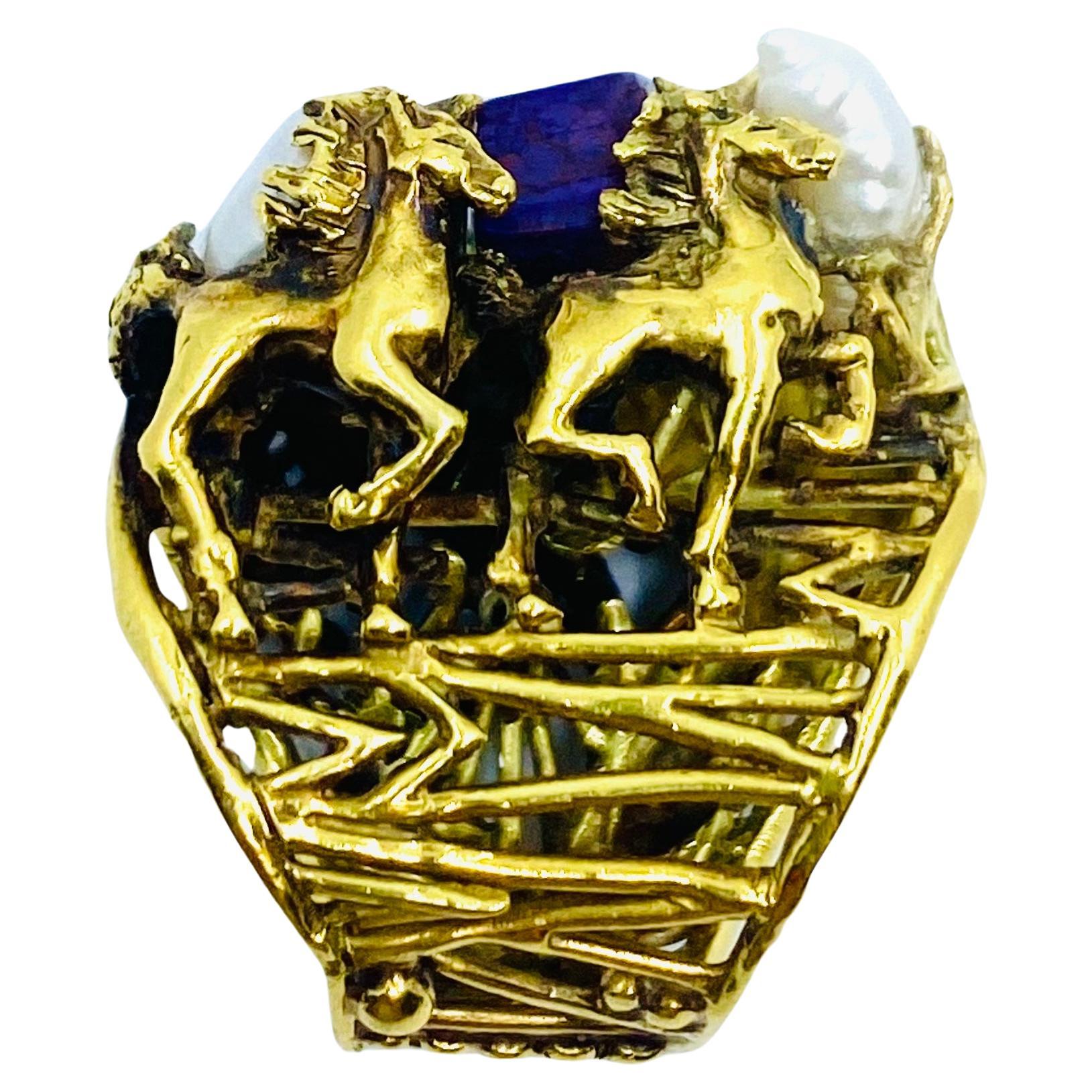 Whimsical Artisan Ring Pearl Gemstones 18k Gold For Sale 5