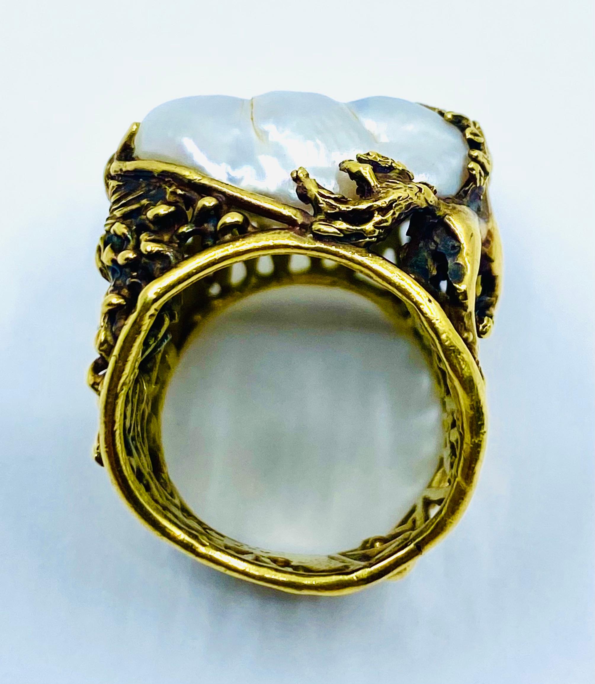 Whimsical Artisan Ring Pearl Gemstones 18k Gold For Sale 7