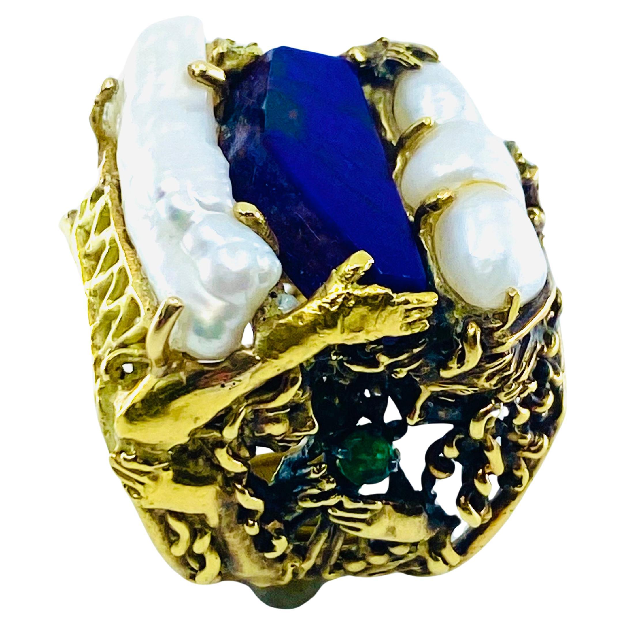 Whimsical Artisan Ring Pearl Gemstones 18k Gold For Sale 1