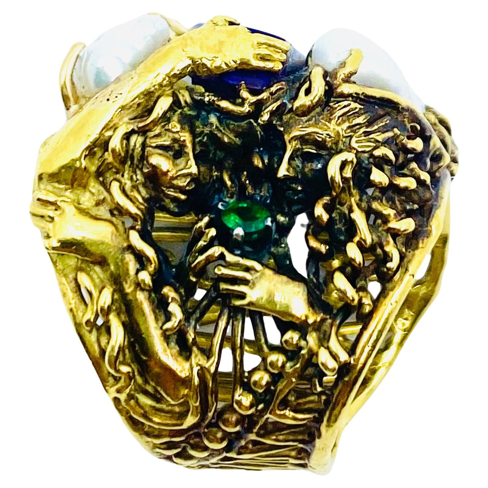 Whimsical Artisan Ring Pearl Gemstones 18k Gold For Sale 2