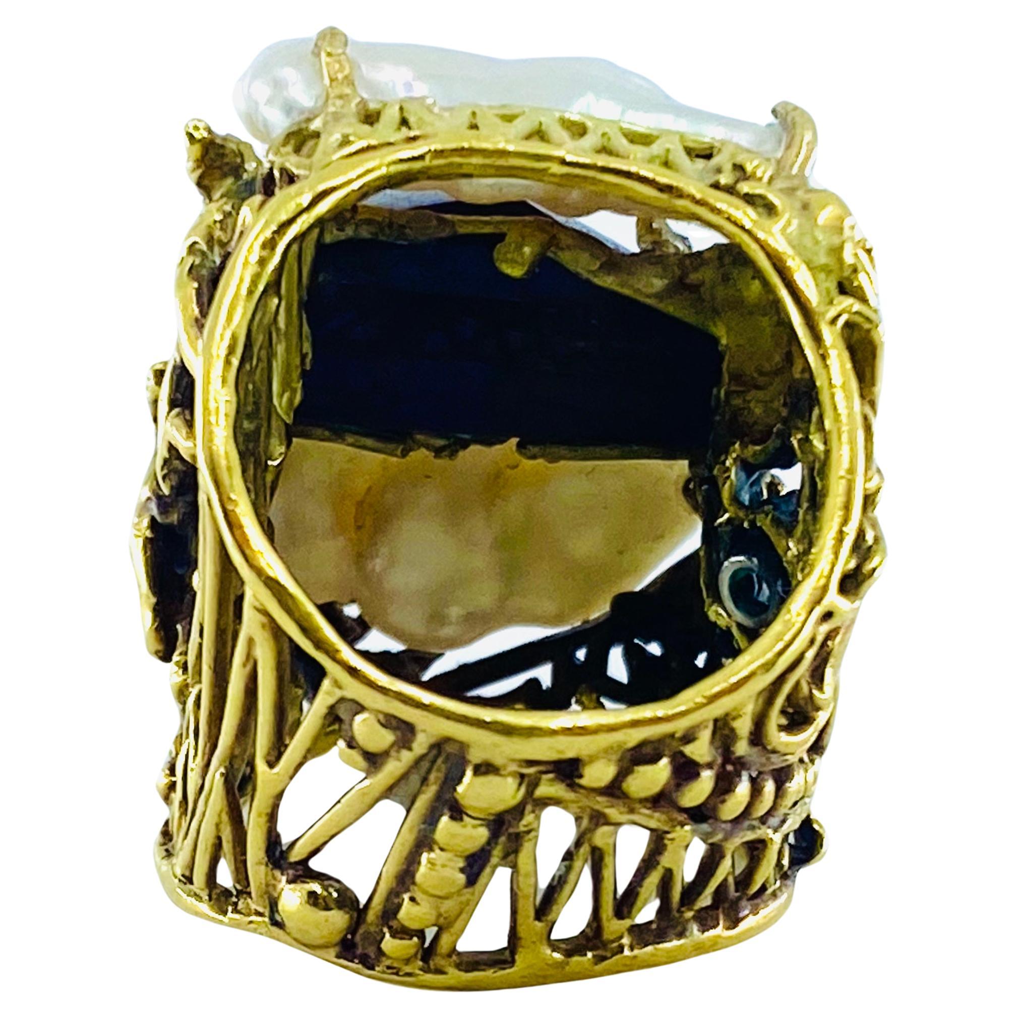Whimsical Artisan Ring Pearl Gemstones 18k Gold For Sale 3