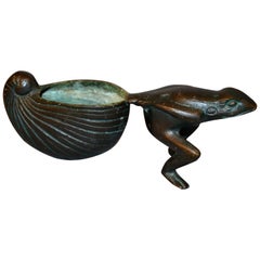 Whimsical Asian Inspired Bronze Frog Animal Sculpture, Bowl, Flower Pot Planter