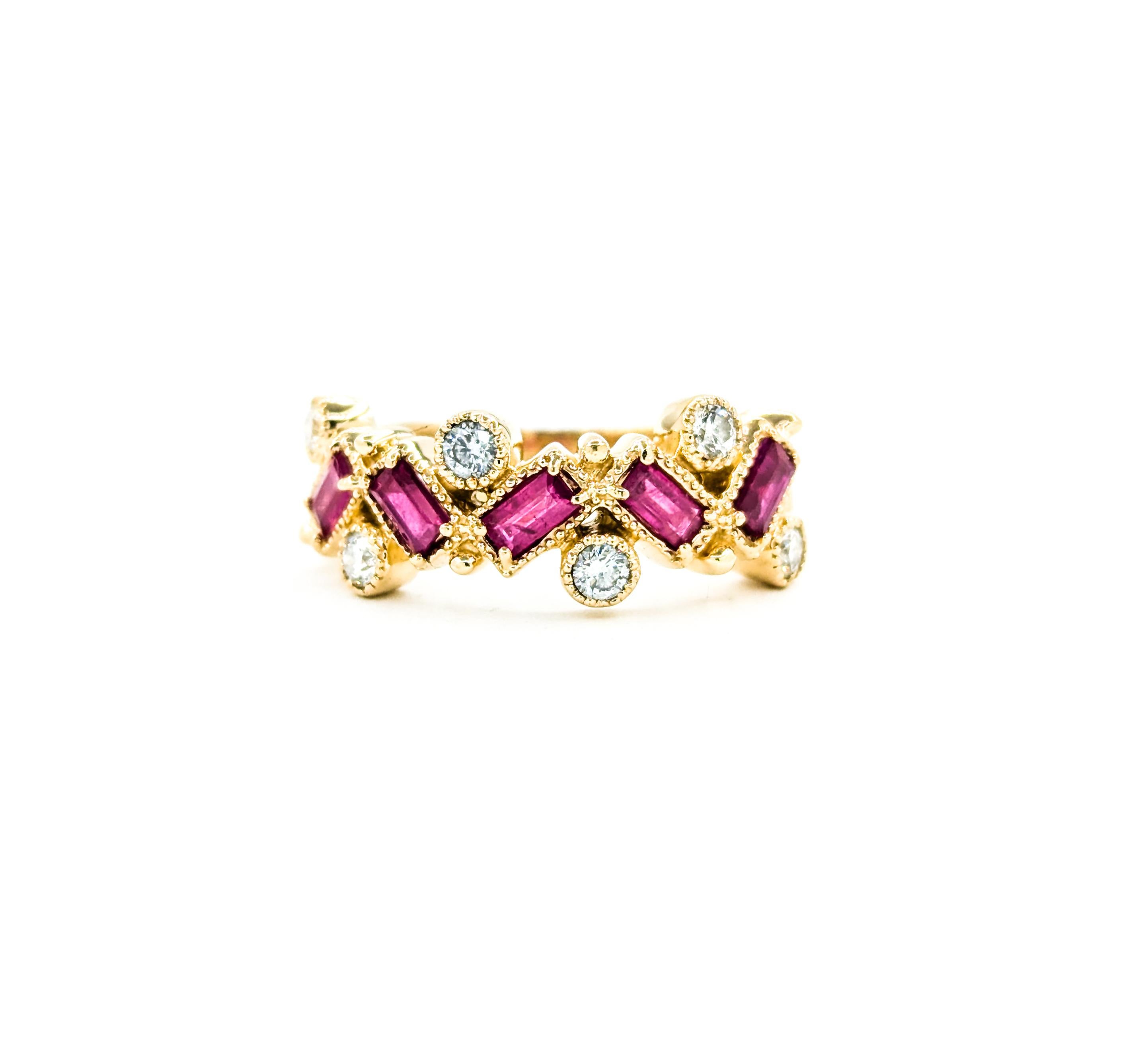 Whimsical Baguette Ruby & Diamond Ring in Yellow Gold For Sale 4