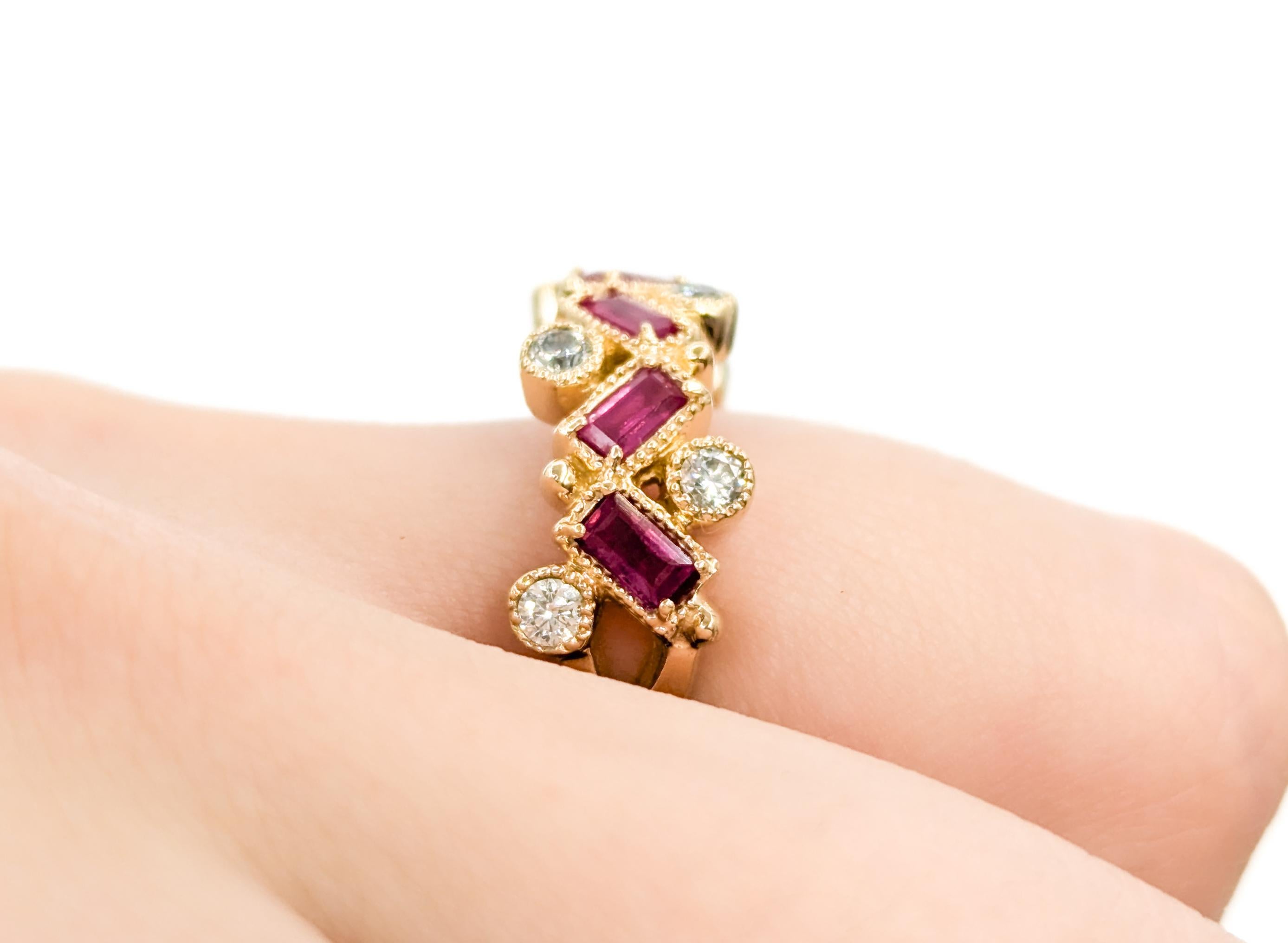 Contemporary Whimsical Baguette Ruby & Diamond Ring in Yellow Gold For Sale