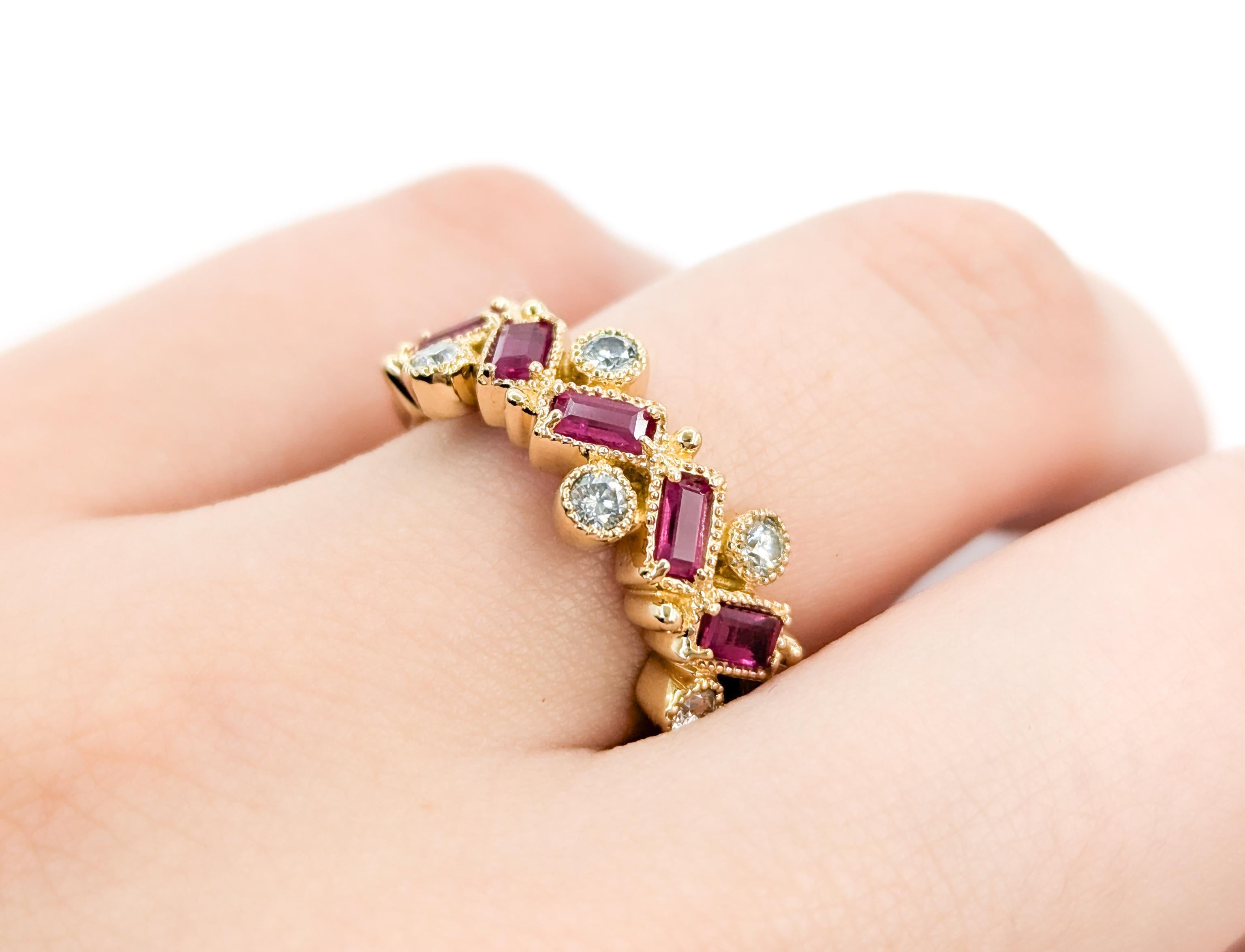 Round Cut Whimsical Baguette Ruby & Diamond Ring in Yellow Gold For Sale