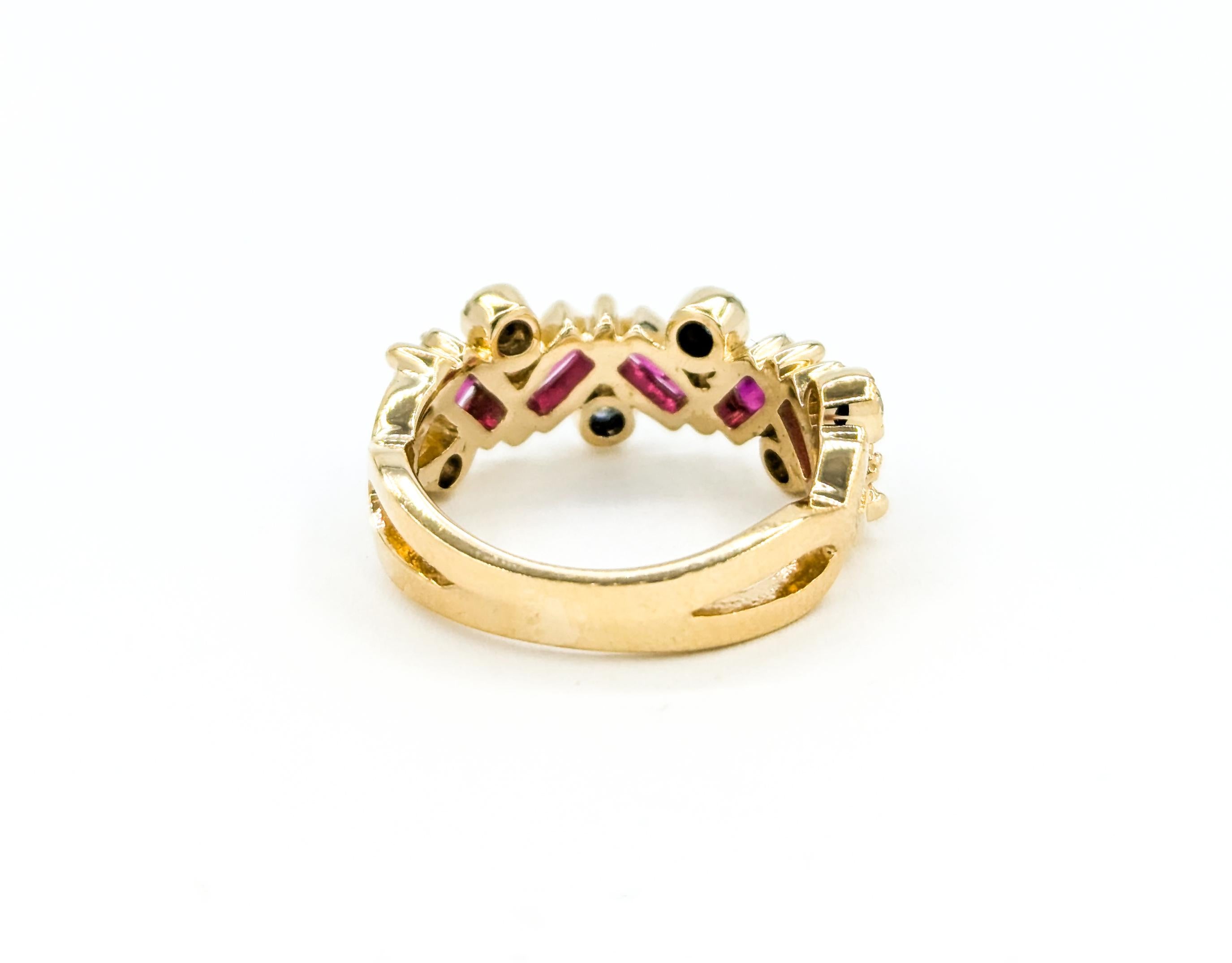 Women's Whimsical Baguette Ruby & Diamond Ring in Yellow Gold For Sale
