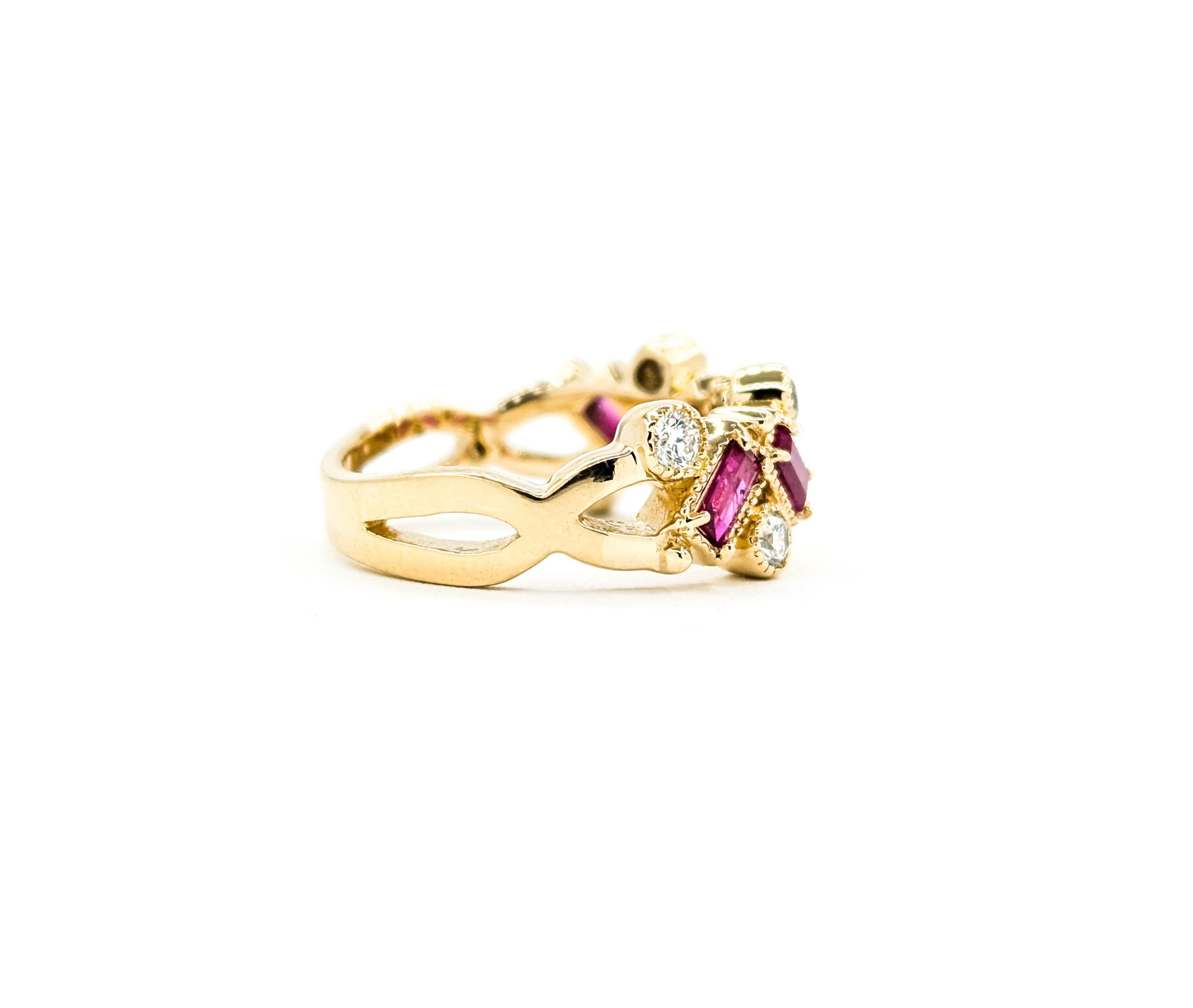 Whimsical Baguette Ruby & Diamond Ring in Yellow Gold For Sale 1