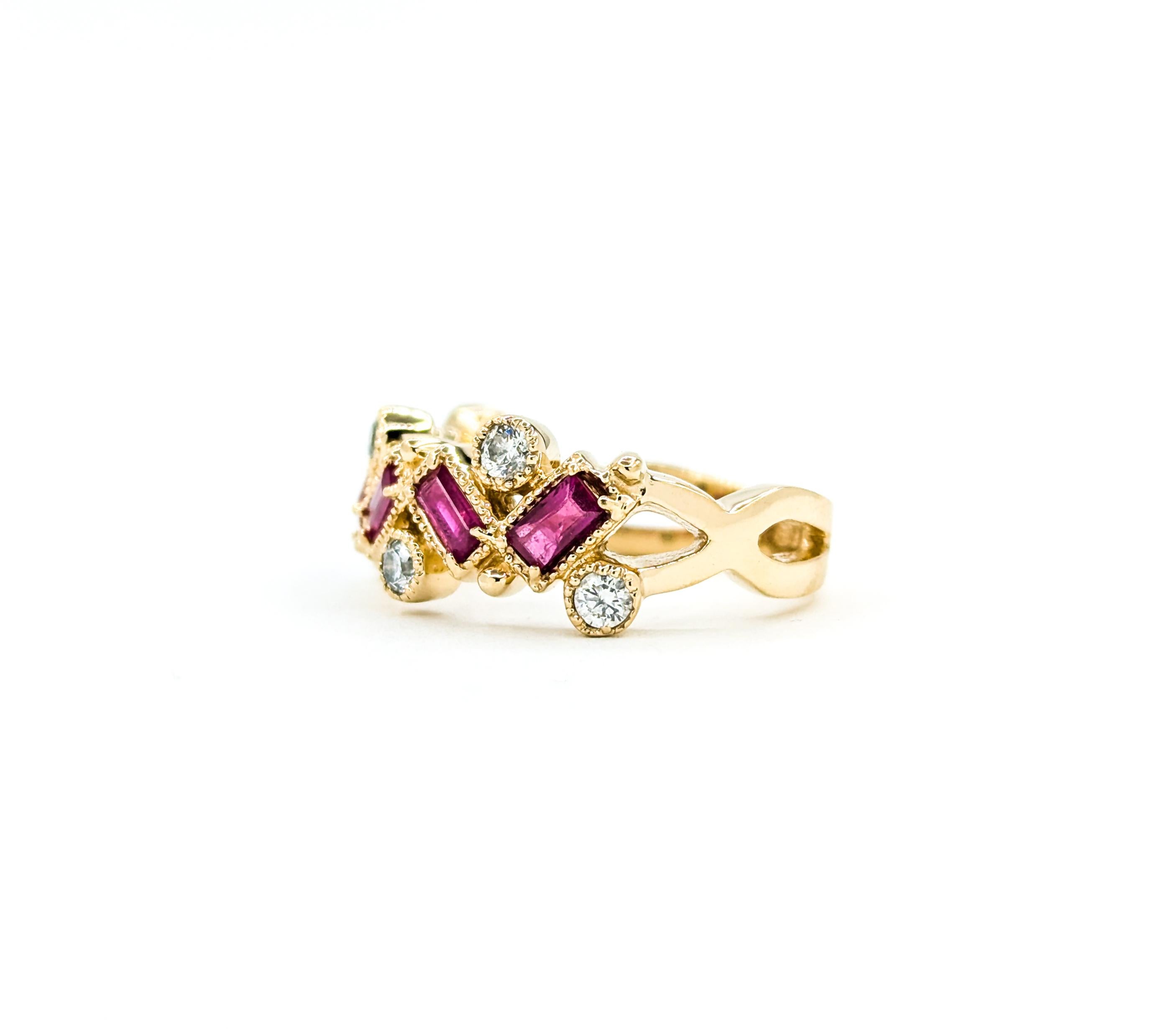 Whimsical Baguette Ruby & Diamond Ring in Yellow Gold For Sale 2